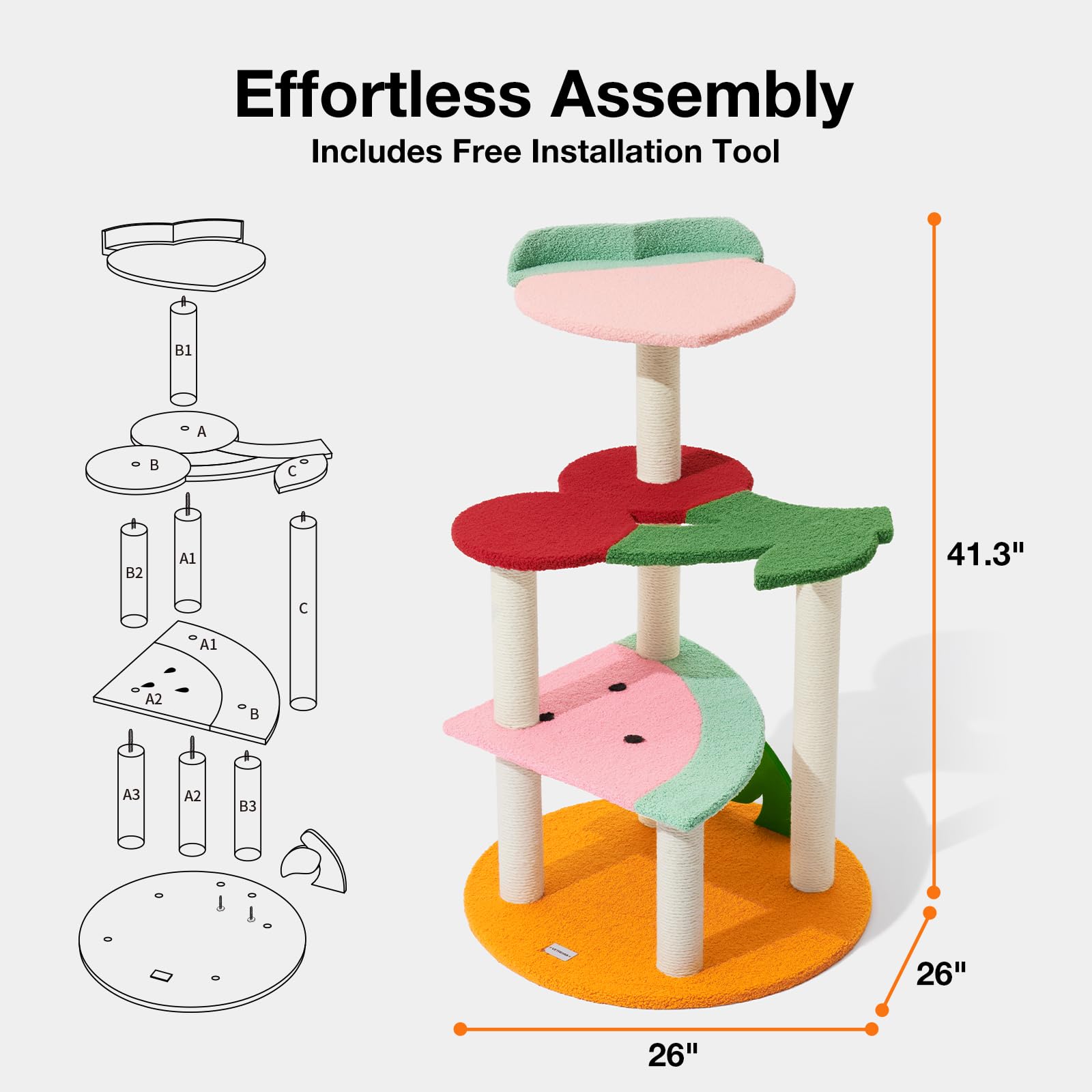 Vetreska 41.3 Inches Multi-Level Cat Tree Cat Tower With Fruit-Shaped Platform And Sisal-Covered Scratching Posts, Indoor Cats F