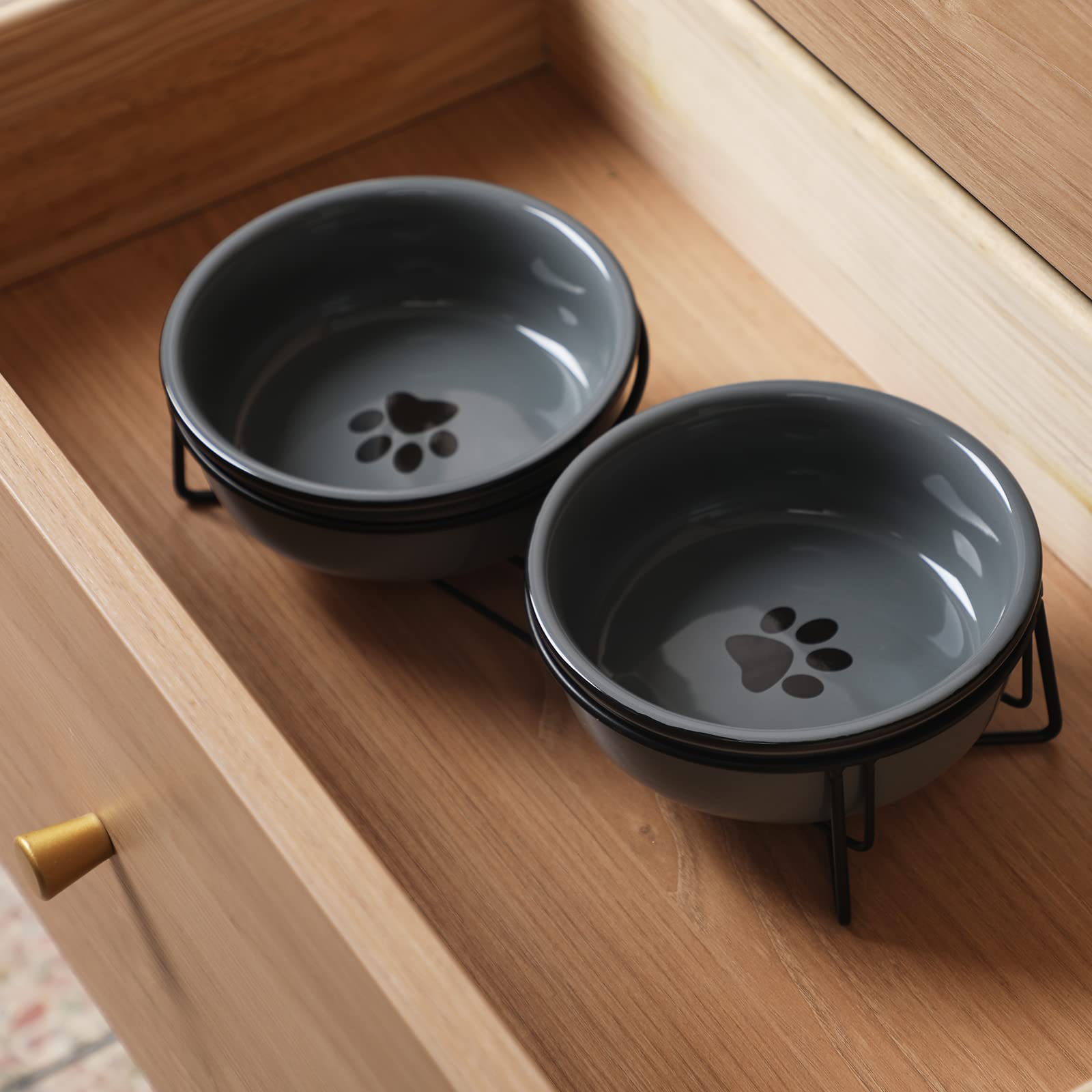 Gdcz Ceramics Raised Cat Small Dog Bowls With Heighten Metal Stand,15 Ounces (Grey)