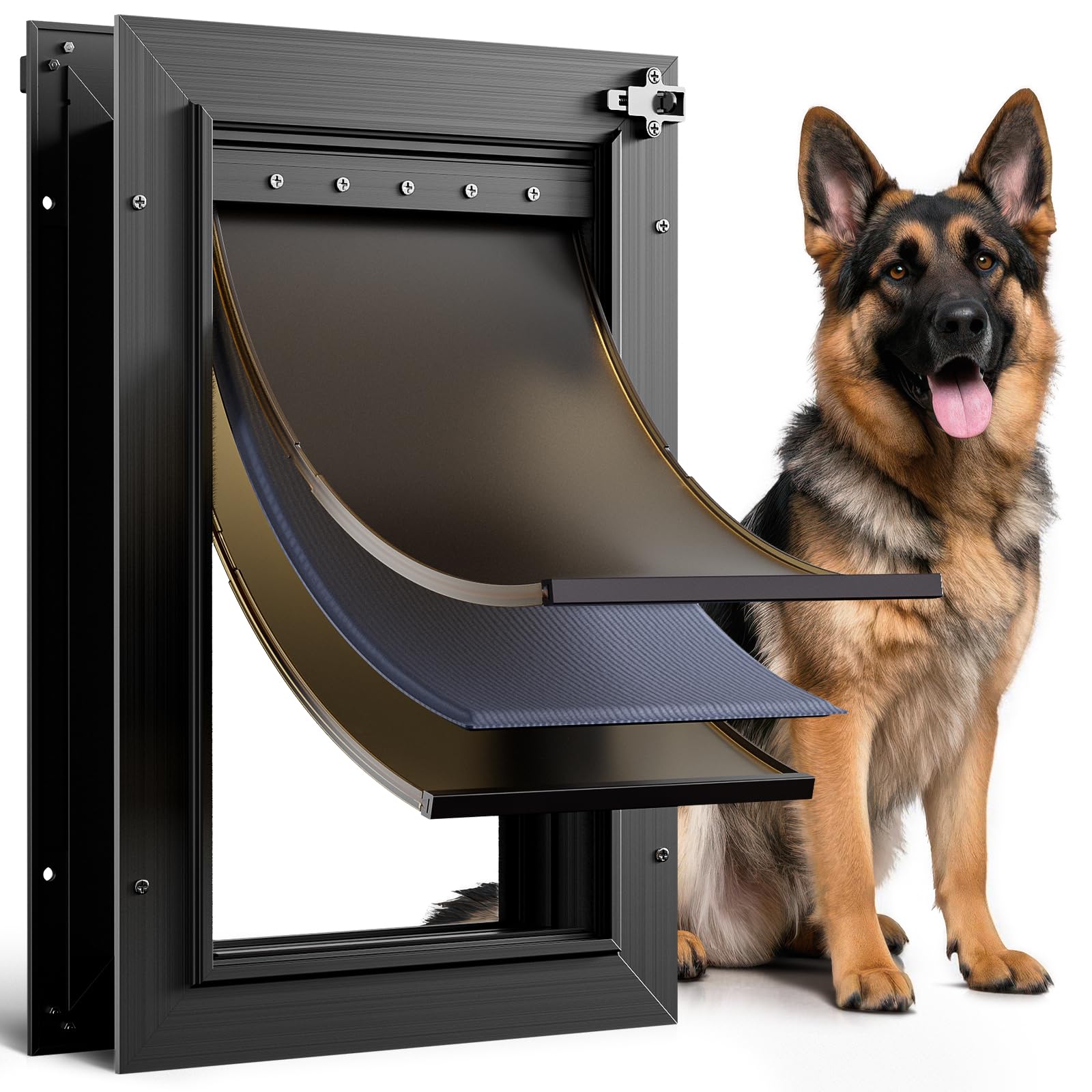 Dog Door For Door All Aluminum 3 Flaps Black, Large Dog Doggy Doggie Door, Heavy Duty Pet Door For Dogs Cats, With Insulation Fl