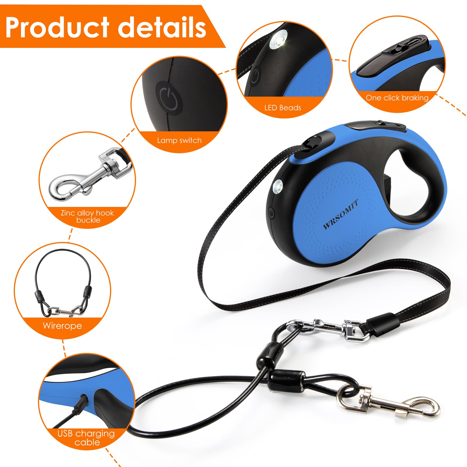WRSOMIT Retractable Dog Leash with Chew Proof Cable and LED Flashlight, 16Ft Heavy Duty Dog Leash for Small Medium Large Dogs up