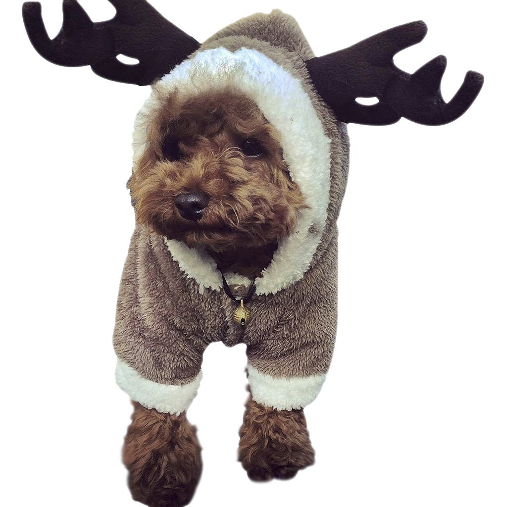 Cute Cartoon Pet Reindeer Cosplay Halloween Christmas Elk Costume Dog Puppy Hoodie Coat Jacket Clothes Soft Coral Velvet Fleece Winter Warm Hooded Sweater Jumpsuit Outfit Apparel For Small Dogs Cats