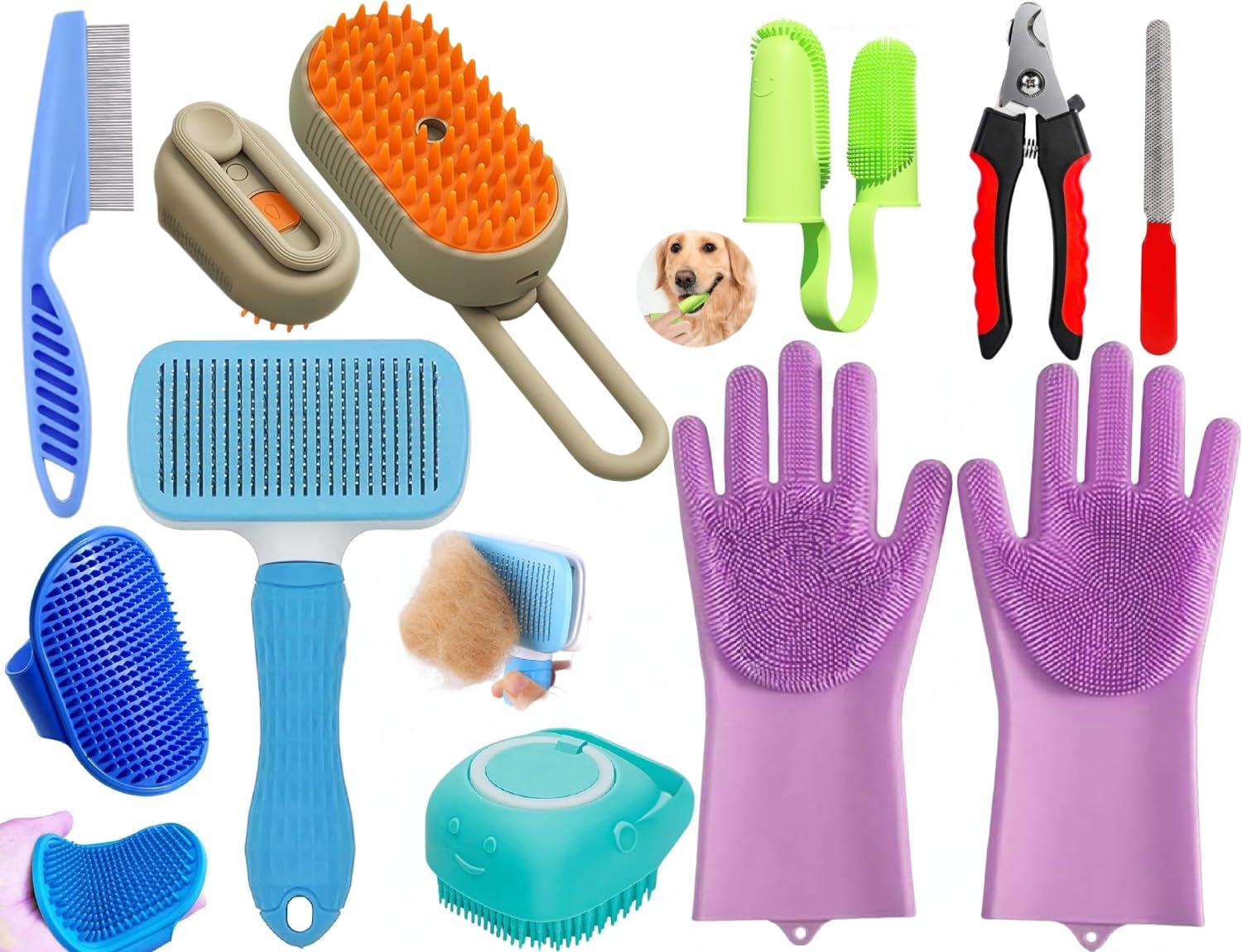 Kivo 9 In 1 Pet Grooming Kit For Dogs & Cats | Steam Grooming Brush, Pet Comb, Flea Comb, Bath Scrubber, Bath Gloves, Toothbrush