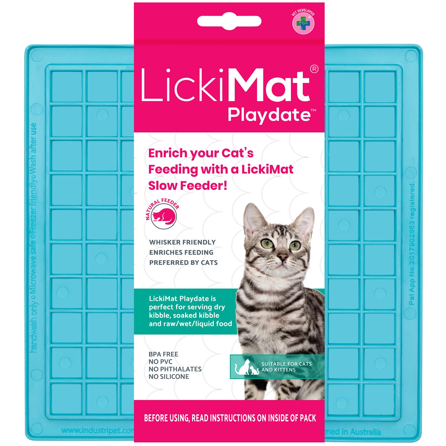 LickiMat Classic Playdate, Cat Slow Feeder Lick Mat, Boredom Anxiety Reducer; Perfect for Food, Treats, Yogurt, or Peanut Butter