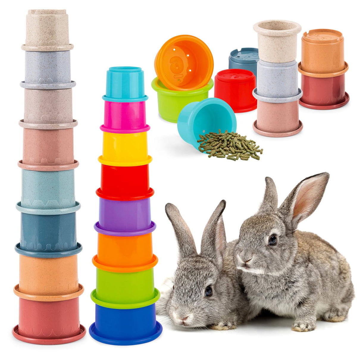 Skywhale 16Pcs Bunny Toys, Stacking Cups For Rabbits, Small Pet Snack Container, Chinchilla, Guinea Pig, Parrot Enrichment Plays