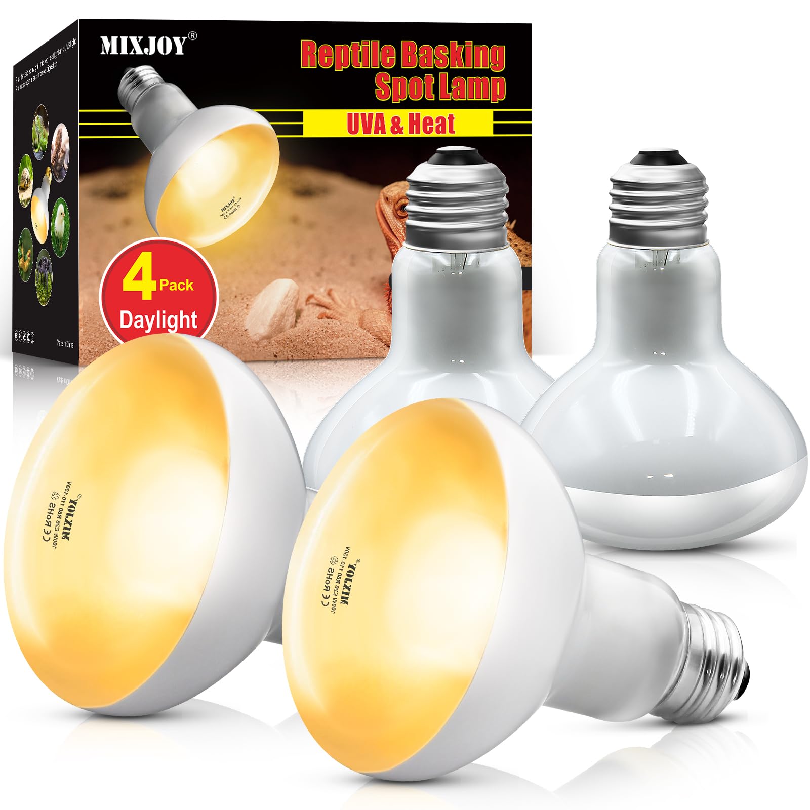 Mixjoy 4Pack Reptile Heat Lamp Bulbs, 100W Heat Lamp Bulbs For Reptiles Basking Bulbs Uva Daylight Basking Light Amphibians Heat