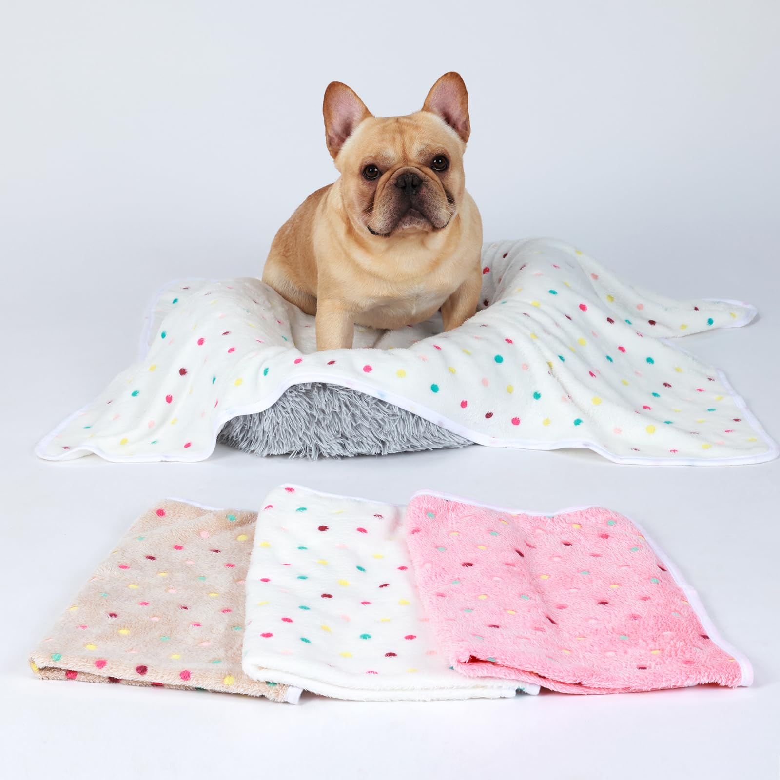 1 Pack 3 Blankets Super Soft Cute Dot Pattern Pet Blanket Flannel Throw For Dog Puppy Cat Dot (Large(41X31), Beige/Brown/Pink)