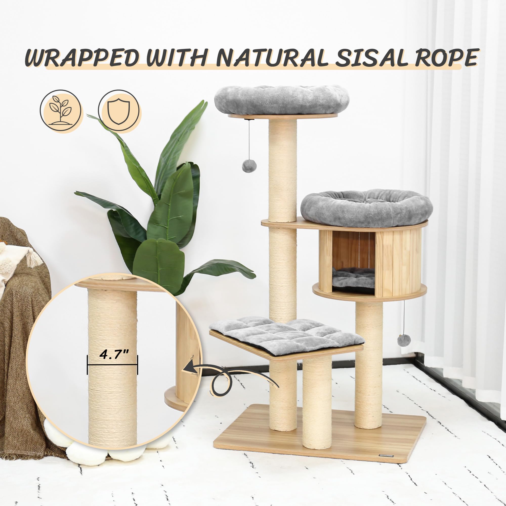 Kamaboko 58.6' Modern Cat Tree, Wood Cat Tree W/ 4.7' Large Dia Sisal Scratching Posts, Heavy-Duty Cat Trees For Large Cats Wi
