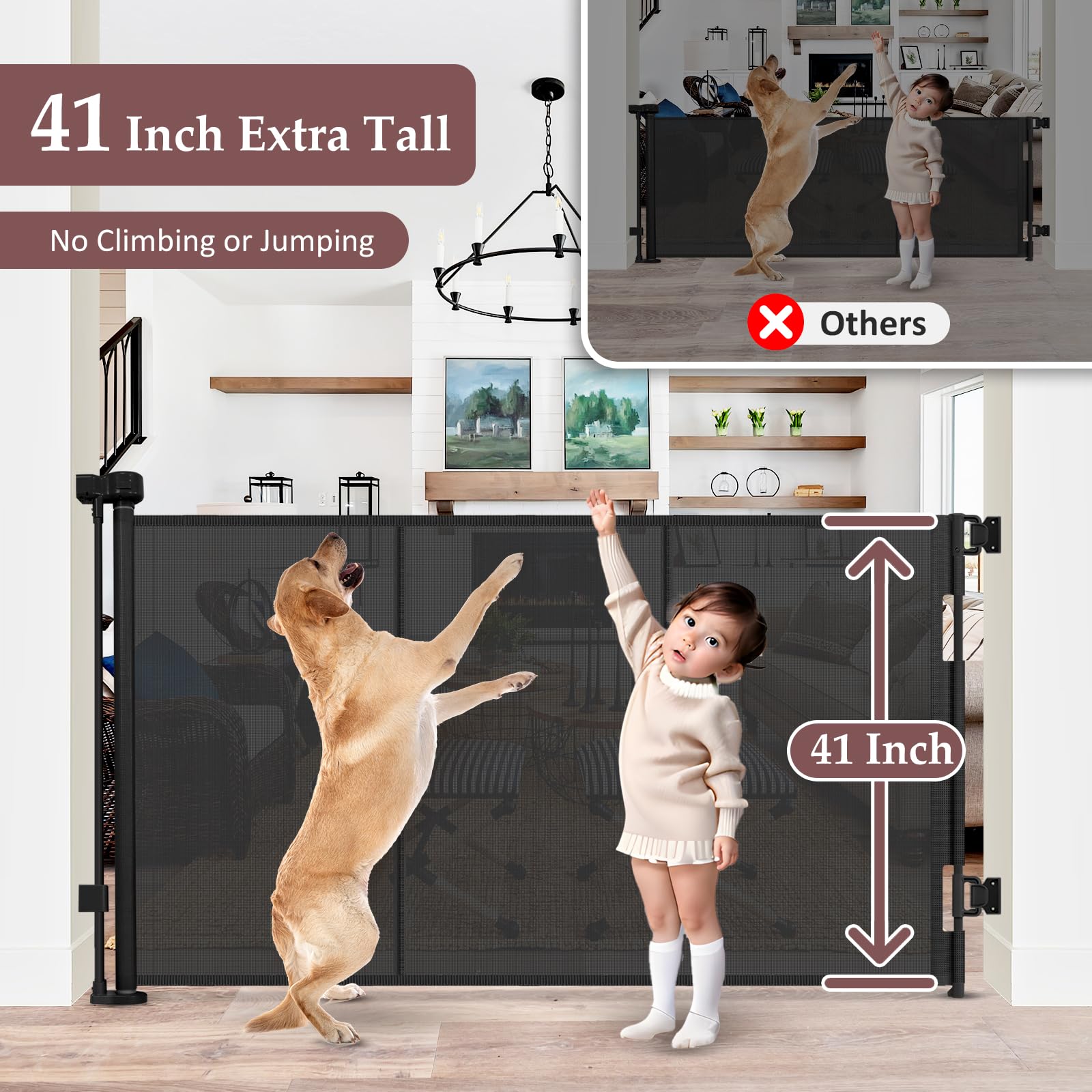 Reinforced 41 Inch Extra Tall Baby Gate 55'' Wide Retractable Dog Gate with Support Rods - Prevents Crawling Under, Indoor Extra