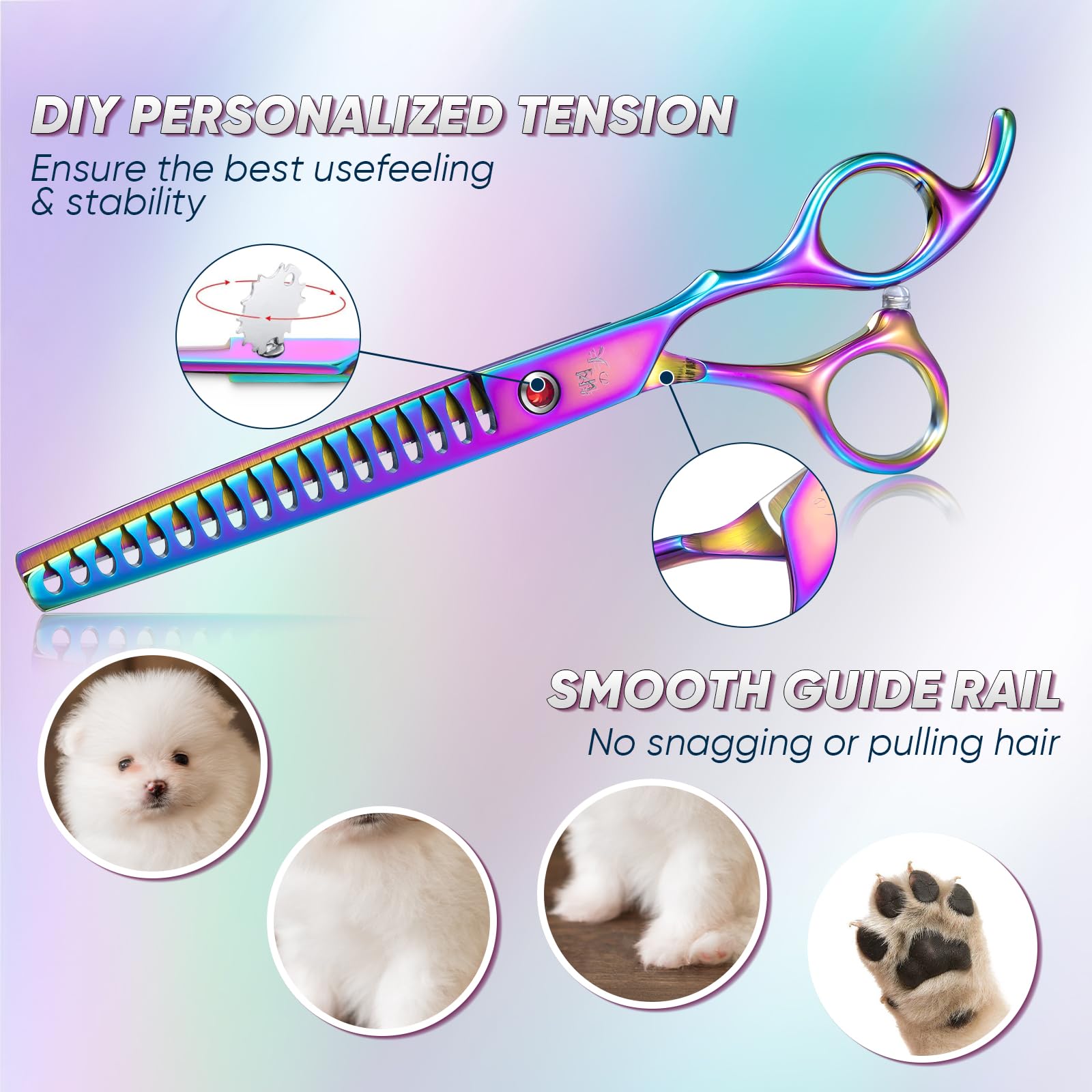 Drgskl 7'' Chunker Shears Dog Grooming Rainbow, Thinner Blender Shears For Medium And Big Pets, Japanese Stainless Steel 440C Fu