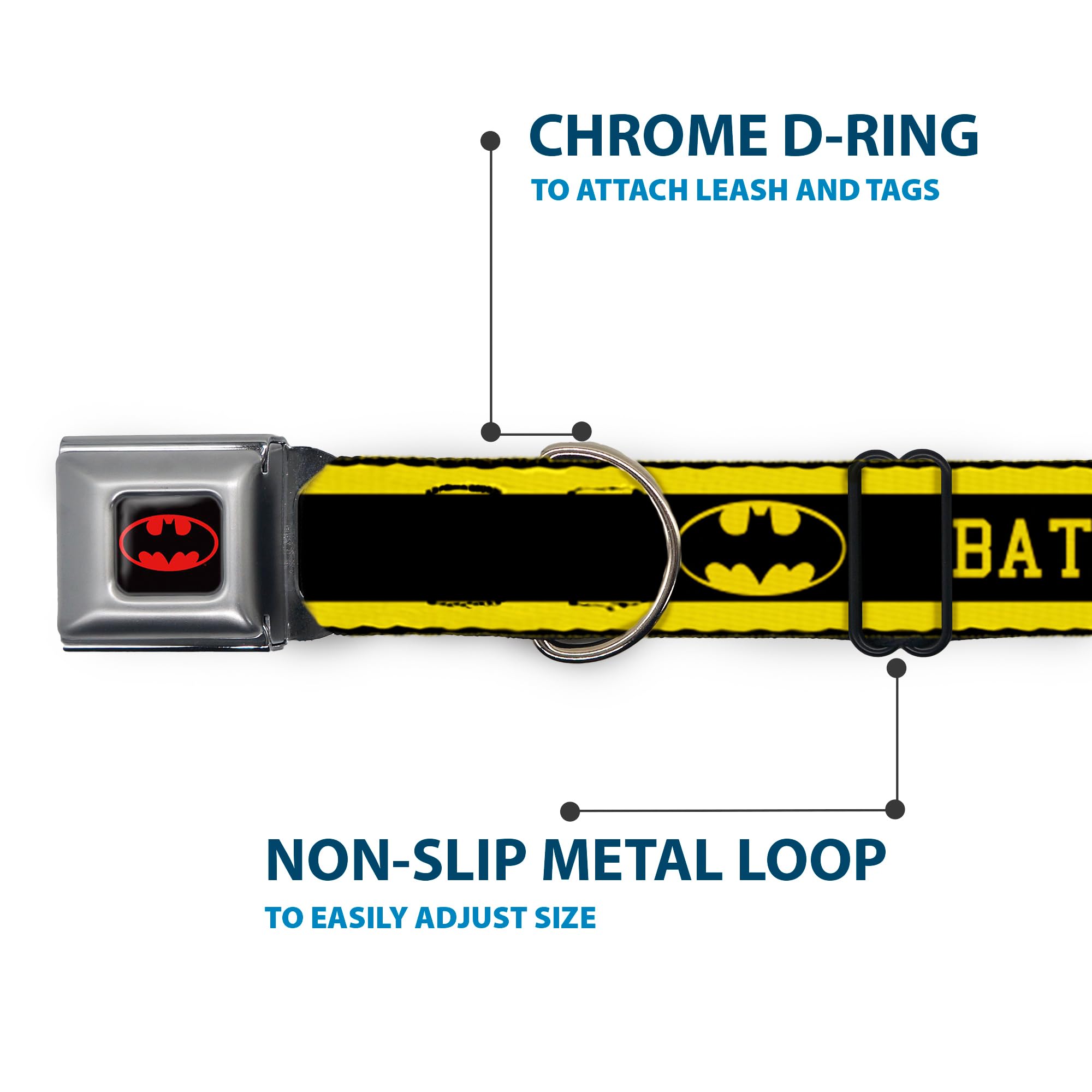 Buckle-Down Seatbelt Buckle Dog Collar - Batman/Logo Stripe Yellow/Black - 1'' Wide - Fits 9-15'' Neck - Small