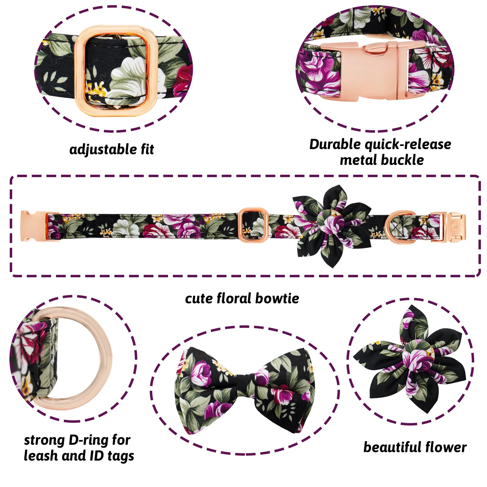 HSIGIO Dog Collar and Leash Set Girls Adjustable Puppy Collars with Floral Bow Tie for Small Medium Large Female Dogs, Black Ros