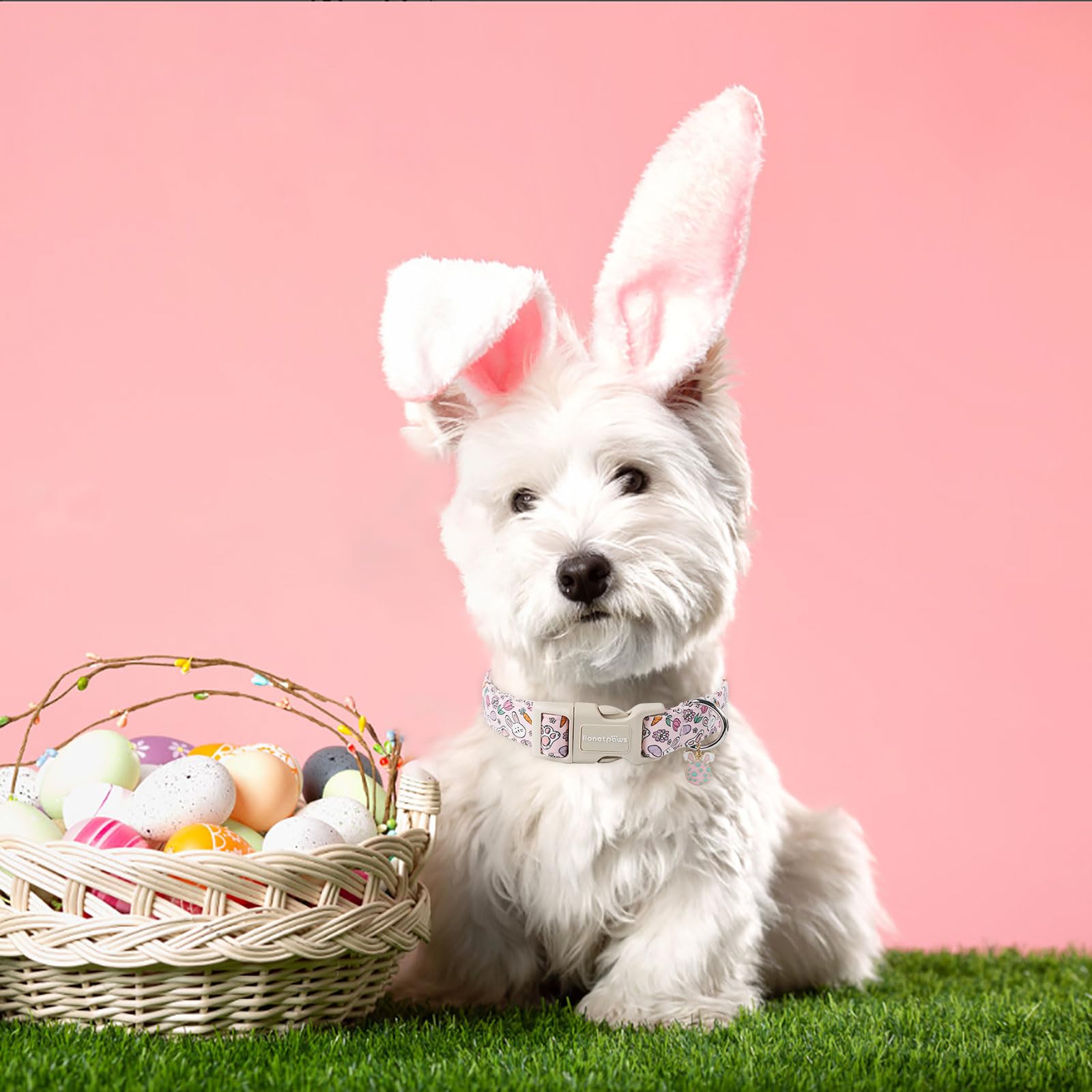 Lionet Paws Easter Dog Collar- Cute Rabbit Purple Eggs Pink Dog Collars With Plastic Buckle, Light Adjustable Dog Collars With E