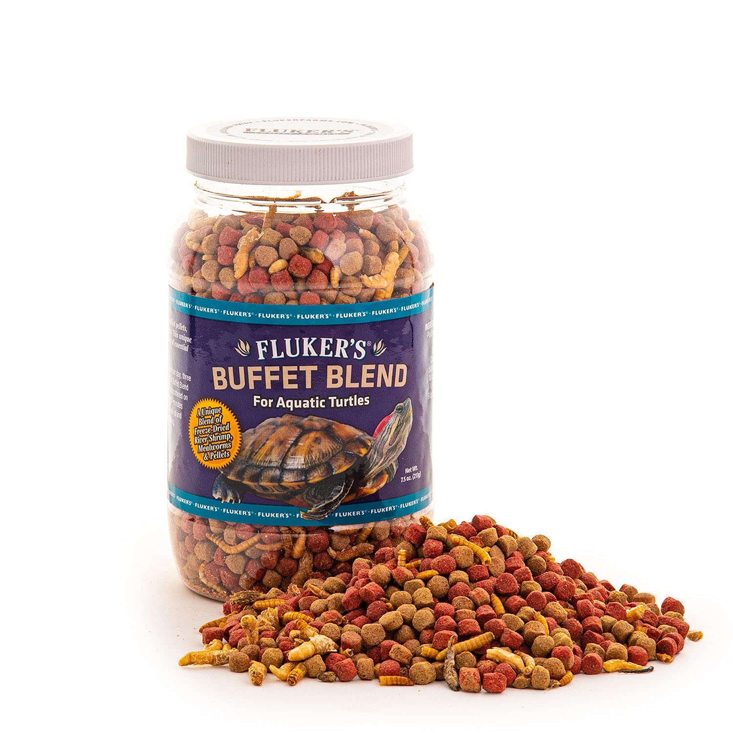 Flukers Buffet Blend Aquatic Turtle Food, 7.5-Ounce - Ideal Water Turtle Food with Freeze-Dried Shrimp, Mealworms, and Vitamin 