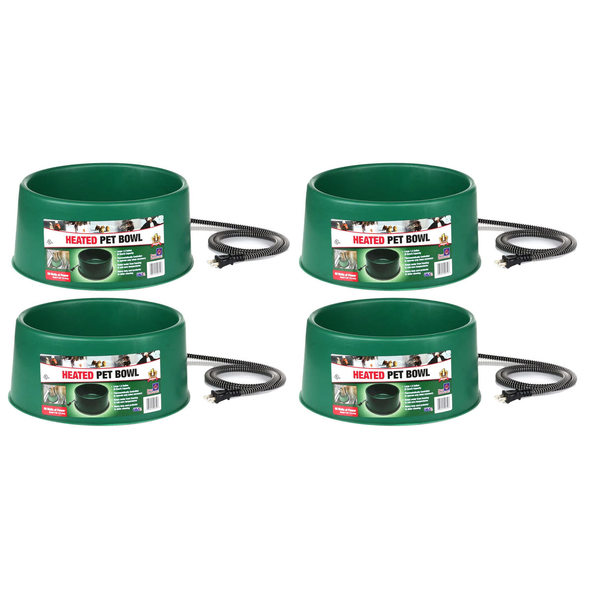 Farm Innovators P-60 1.5 Gallon 60 Watt Heated Pet Water Bowl, Thermostatic Control & Anti Chew Cord, Green (4 Pack)