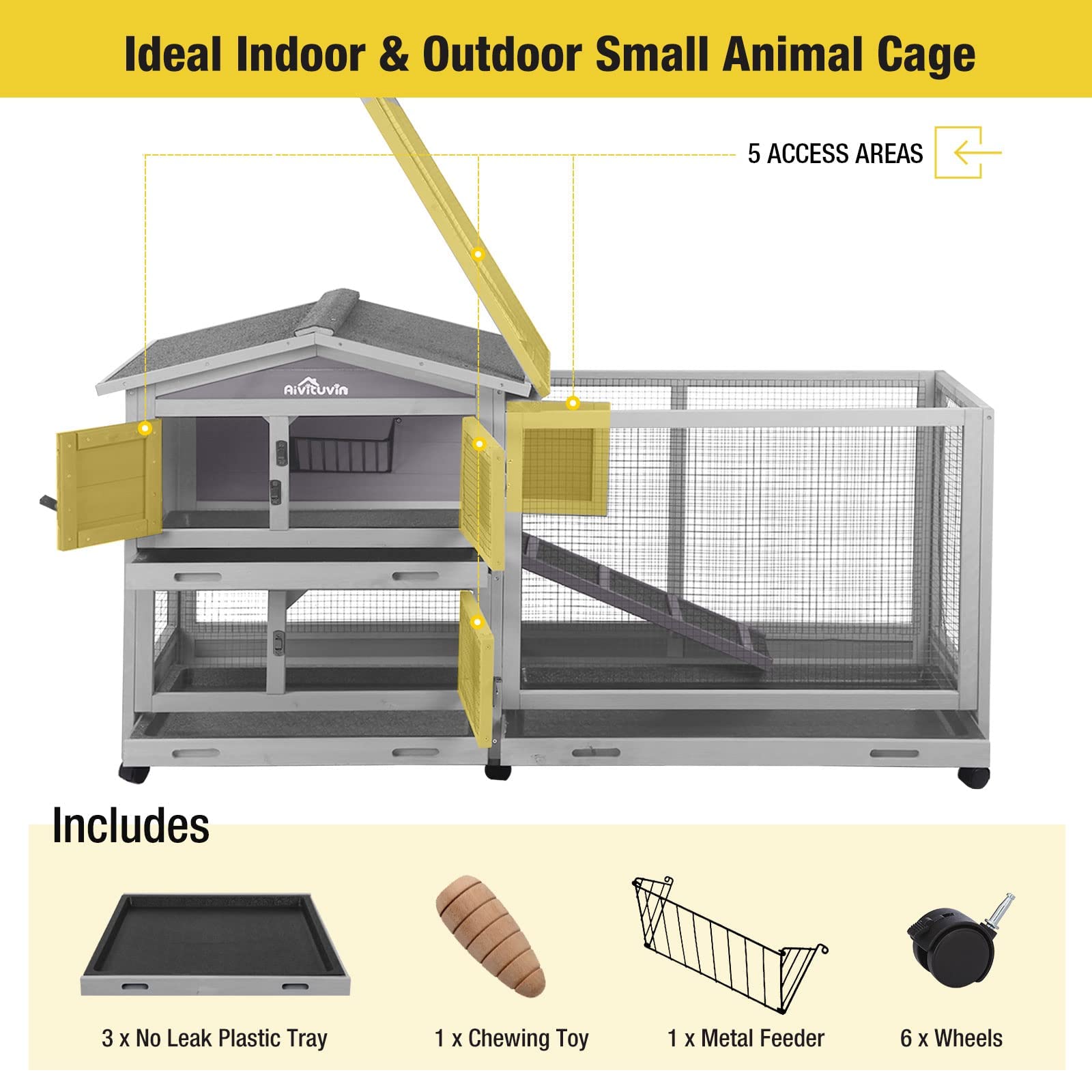 Aivituvin Rabbit Hutch Indoor 62' Rabbit Cage Outdoor Chicken Coop Guinea Pig Cage On Wheels Bunny Cage With 3 Deep No Leakage Pull Out Tray,Waterproof Roof (Grey)