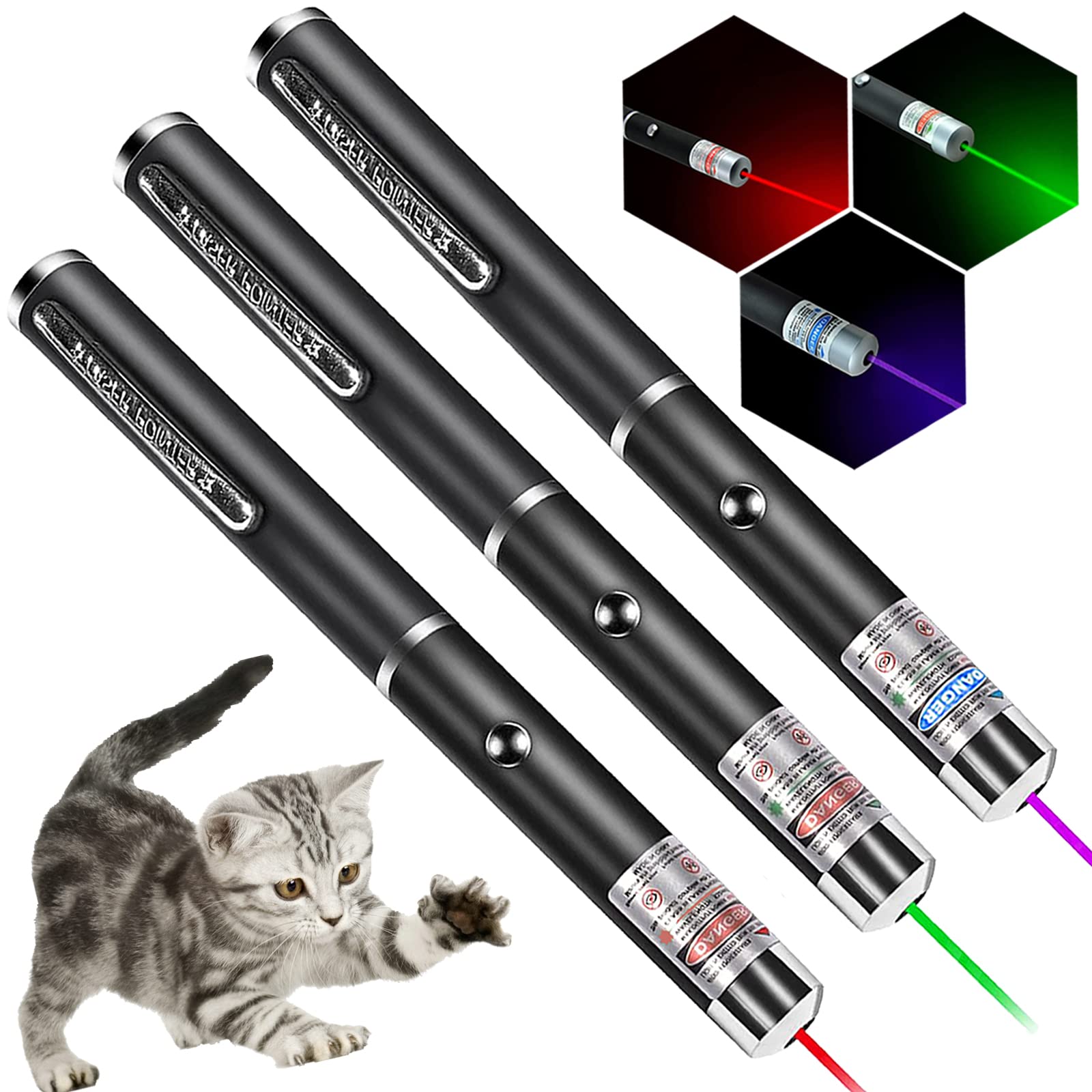 Meusno 3 Pack Cat Laser Pointer Toy, Red Green Purple Cat Laser Pointer For Cats Dogs Indoor Chaser Cats Dog Pet Laser Toy Laser