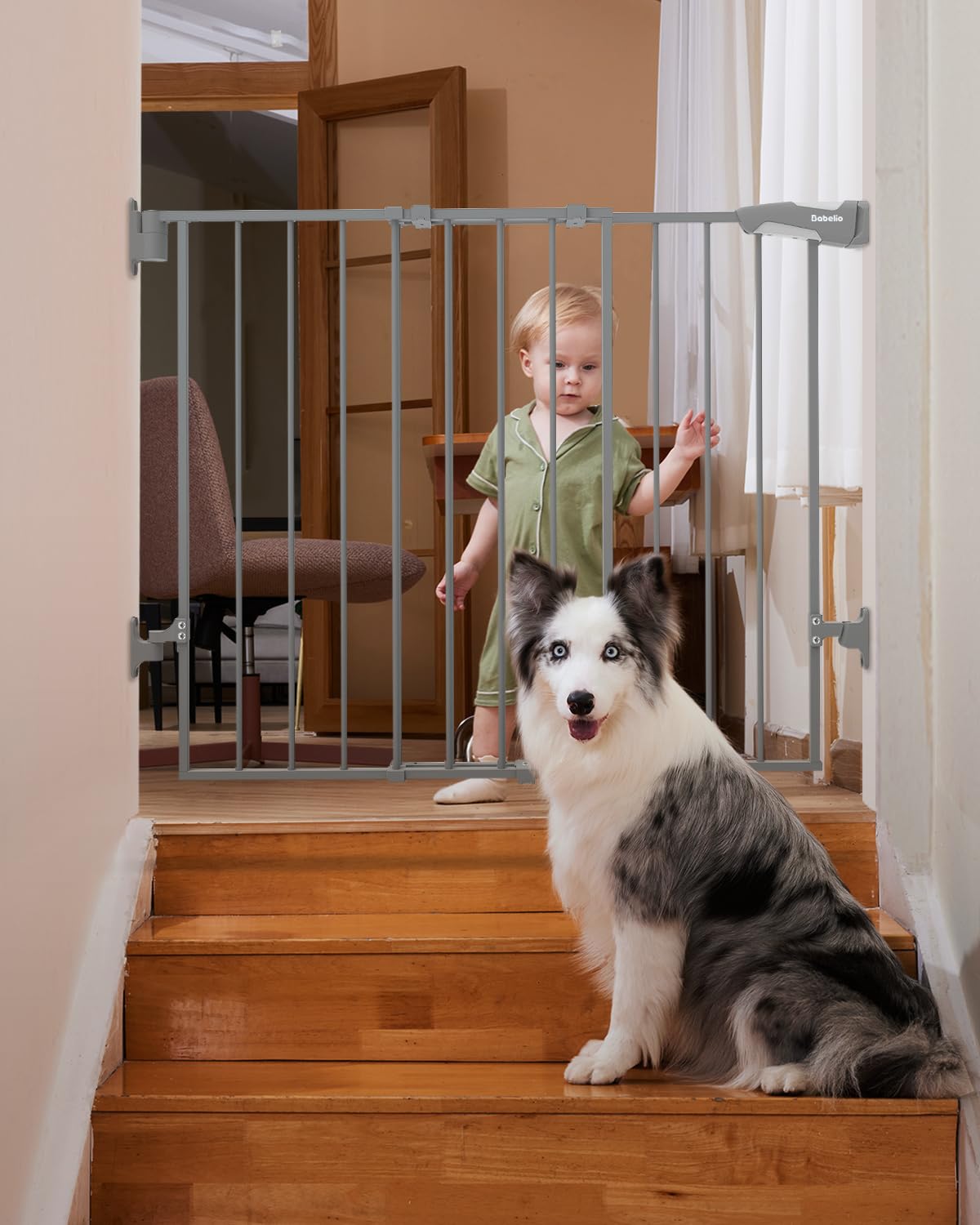 Babelio 26-43' No Bottom Bar Baby Gate For Babies, Elders And Pets, 2-In-1 Hardware Mount Dog Gate For The House, Stairs And Doorways, With Large Walk Thru Door, Grey