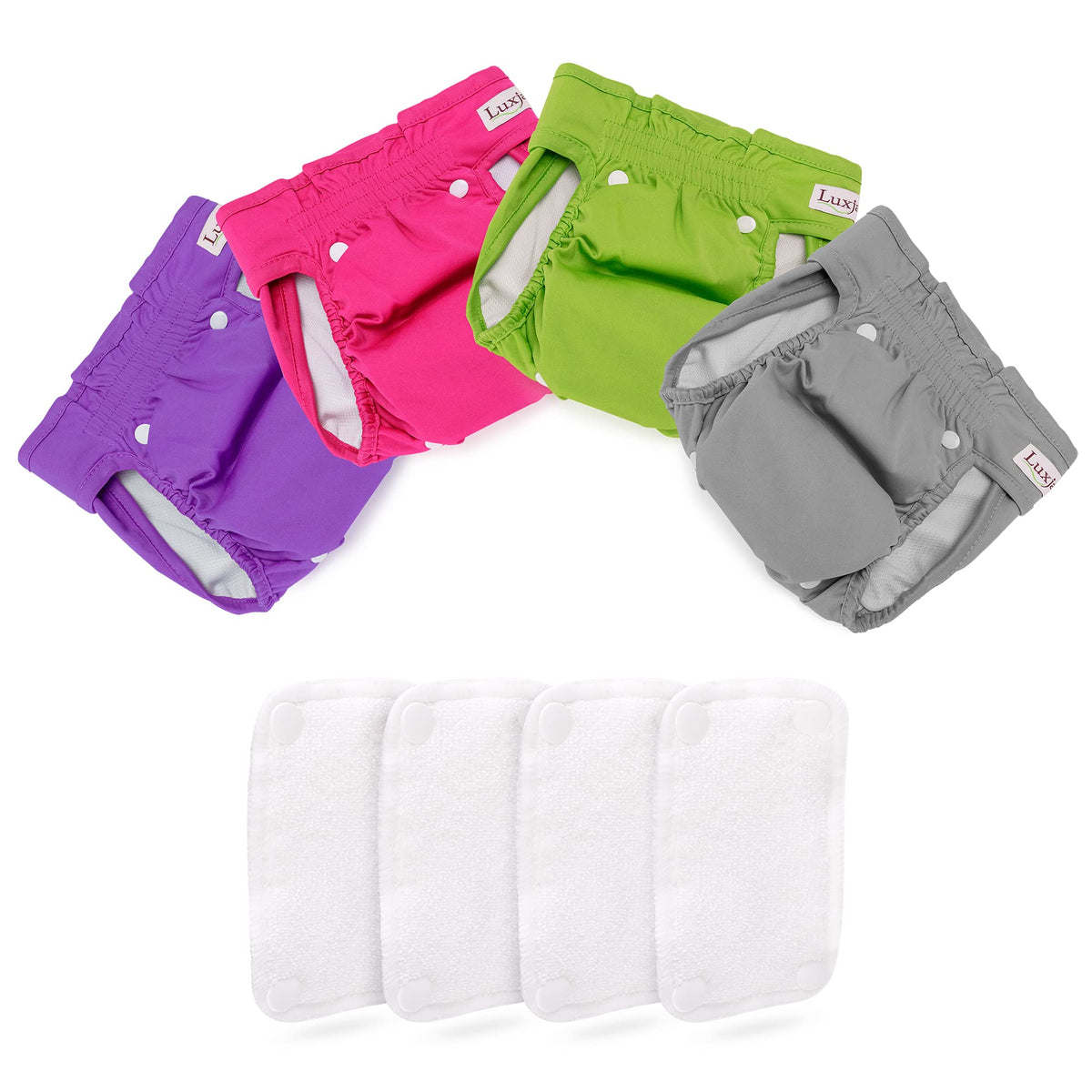 Luxja Reusable Female Dog Diapers With Extra Detachable Diaper Pads (Pack Of 4), Washable Wraps For Female Dog (Gray + Green + Purple + Rose Red), L1