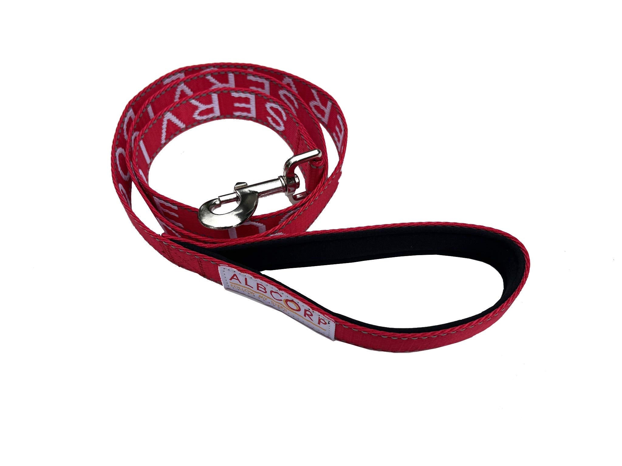Albcorp Service Dog Leash - Embroidered- With Padded Neoprene Handle And Reflective Threads, 4 Feet, For Harnesses, Vests Or Collars, Red