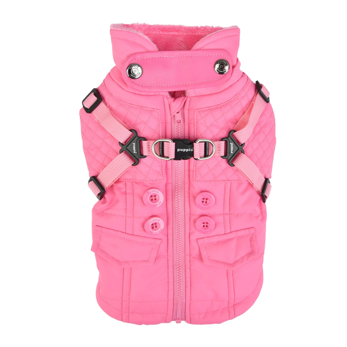 Puppia Wilkes Winter Dog Coat With Integrated Harness No Pull Cold Weather Waterproof Warm Fleece Back Zipper For Small & Medium Dog, Pink, Large