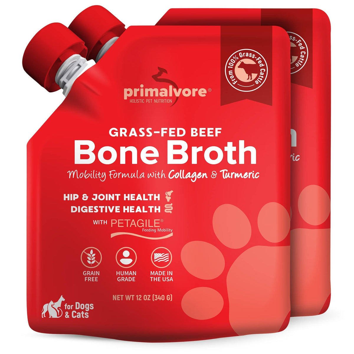 Primalvore Grass-Fed Beef Bone Broth For Dogs &Cats, Mobility Formula W/Collagen Peptides To Help Support Hip & Joints, Digestio