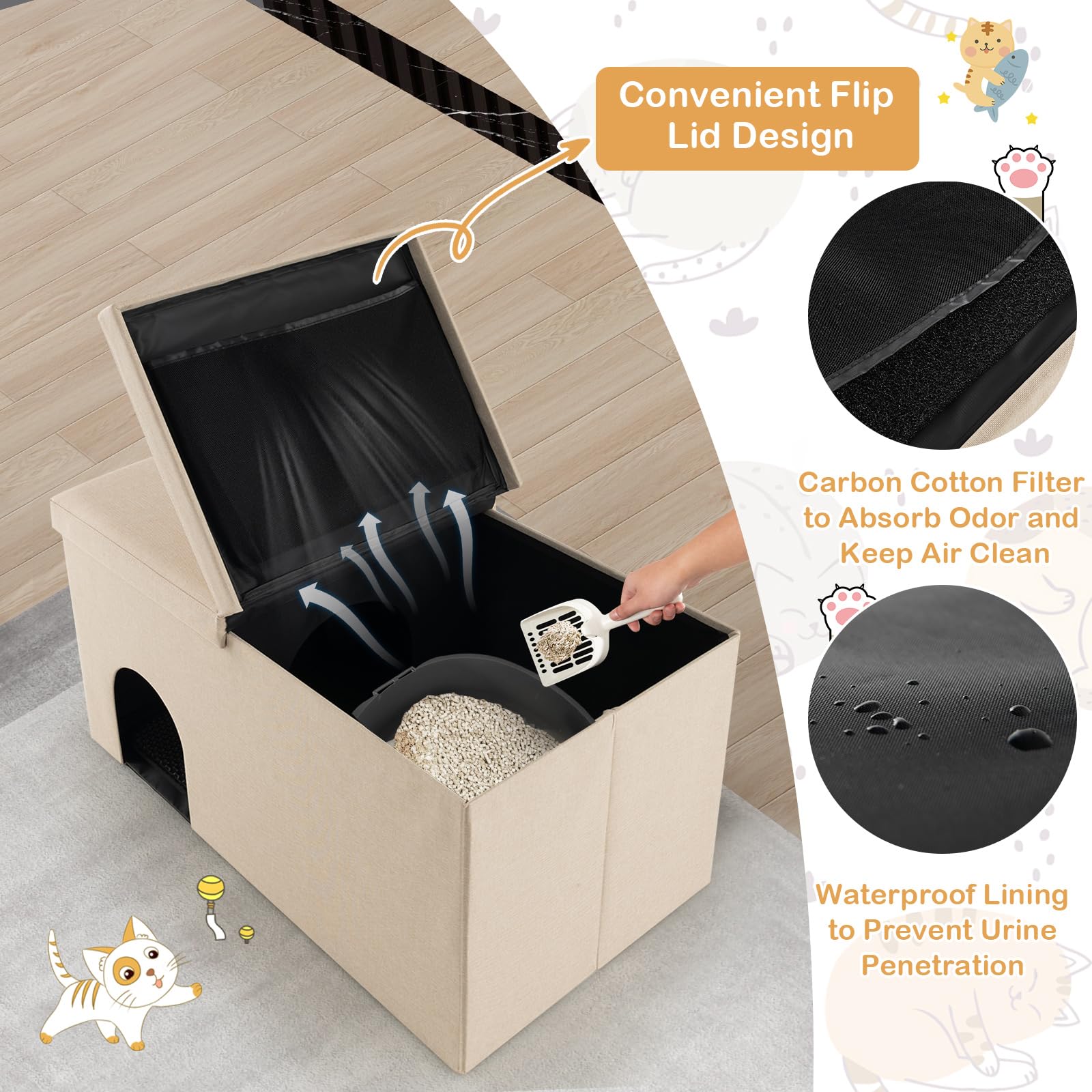 Tangkula Cat Litter Box Enclosure, Hidden Litter Box Furniture Ottoman With Urine Proof Litter Mat, Flip-Up Lid, Dog Proof Cat W