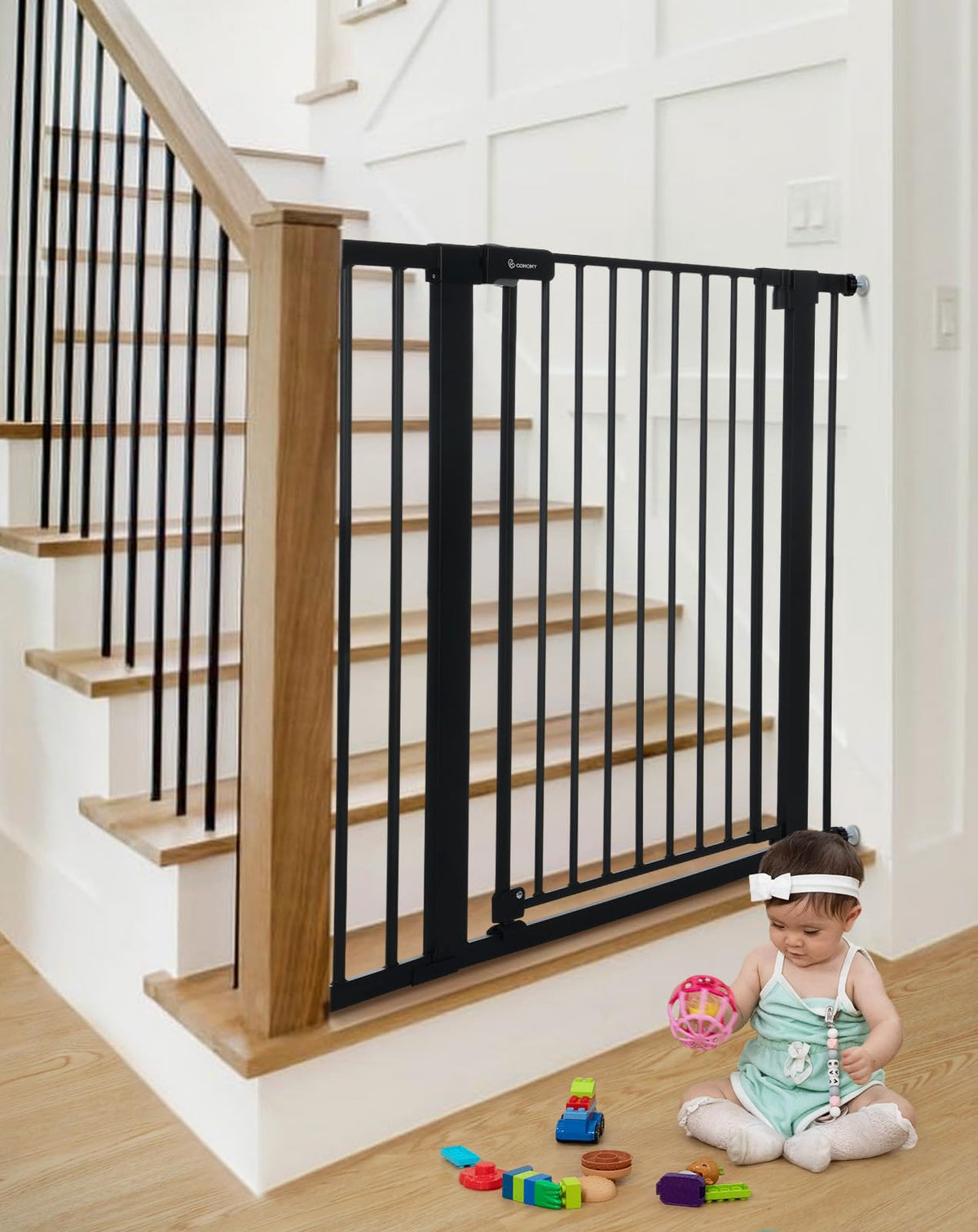 Comomy 36' Extra Tall Baby Gate For Stairs Doorways, Fits Openings 29.5' To 40.6' Wide, Auto Close Sturdy Safety Dog Gate For House, Pressure Mounted Easy Walk Through Pet Gate With Door, Black