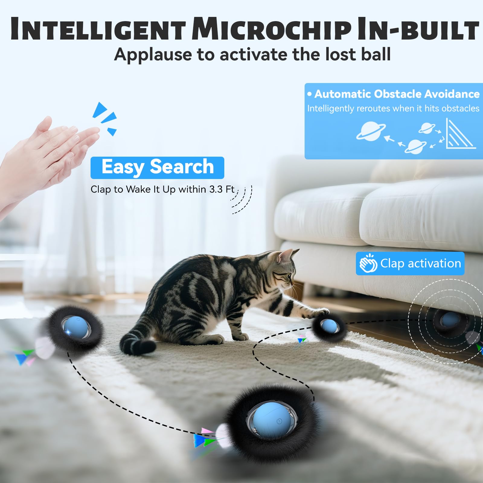 ORSDA Cat Toys, Interactive Fast Rolling Ball in Pouch, Hide and Seek for Indoor Cats, Motion Chirping Activated Moving Ball, 7