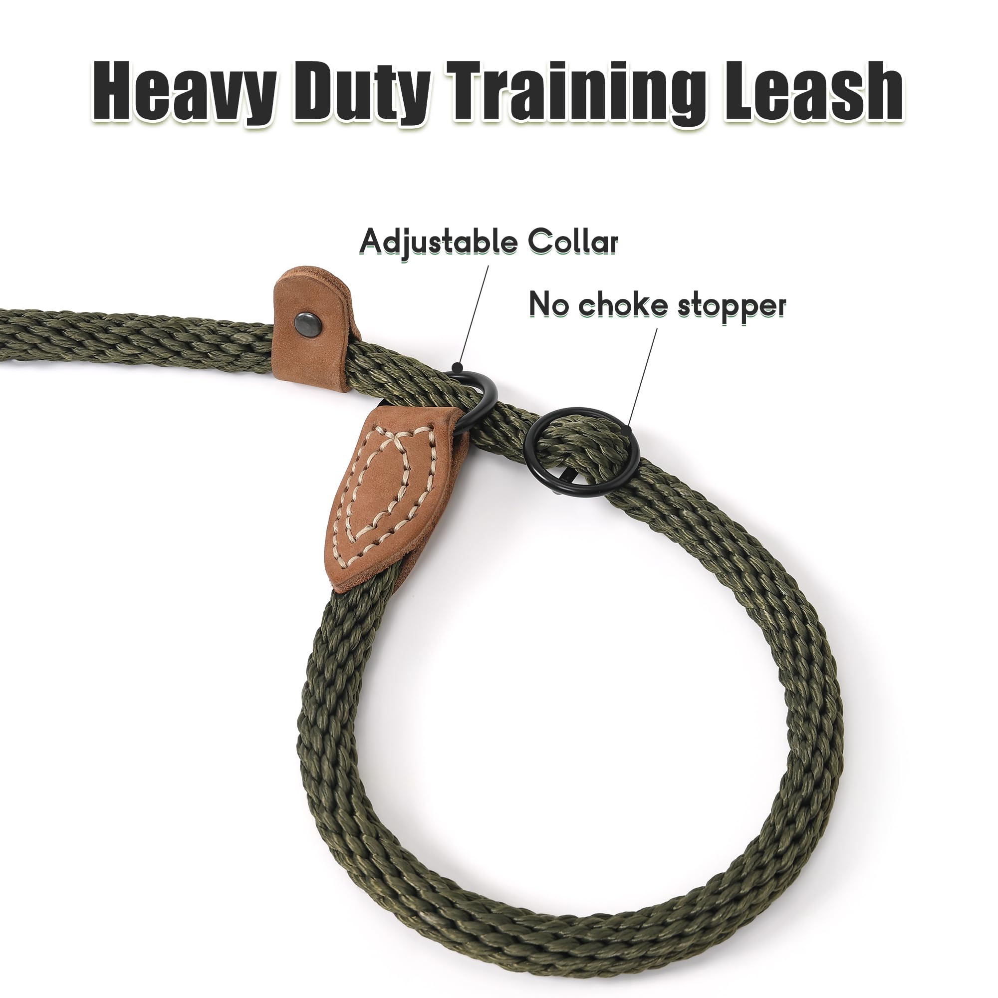 Mile High Life Slip Leads For Dogs | Heavy Duty Dog Training Leash | 5 Feet No Pull Slip Leashes W Leather Tip | Dark Green Rope Lead For Dogs Outside