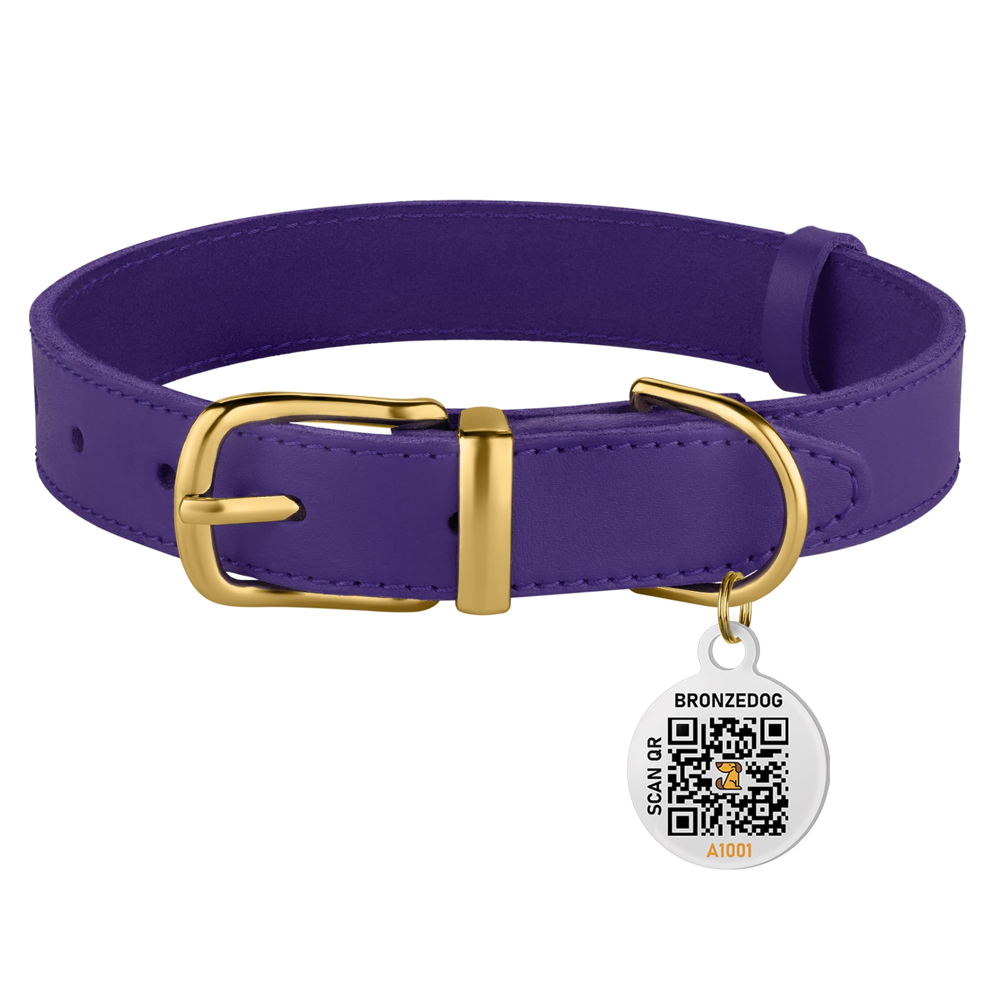 Bronzedog Leather Dog Collar With Metal Buckle Durable Basic Pet Collars For Small Medium Large Dogs (19-21 Inch (Pack Of 1), Purple & Gold Buckle)