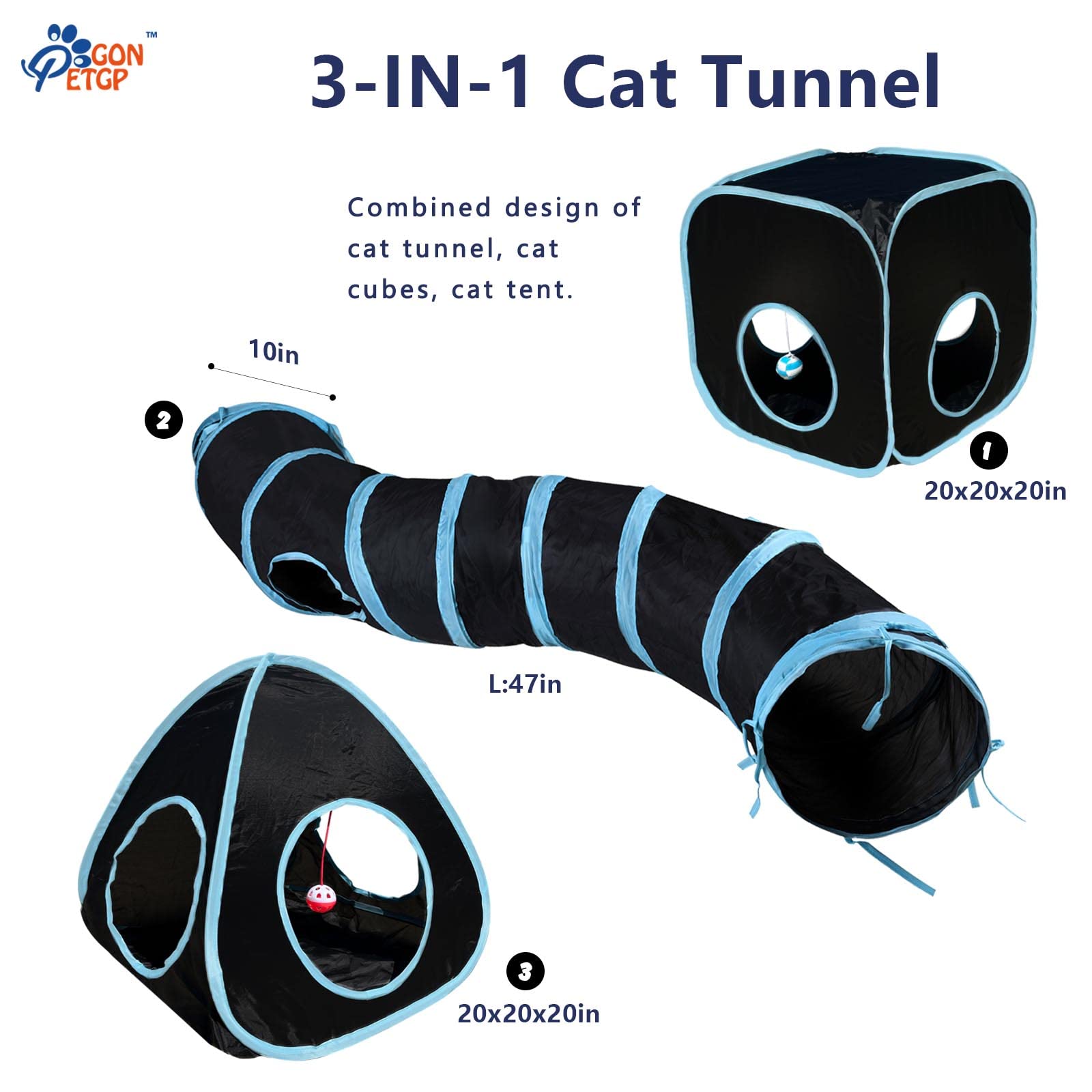 Gonpetgp Cat Tunnels For Indoor Cats With Cube Tent Toys Combo, Pop Up Collapsible Crinkle Interactive Peek Hole, Cat Tube With Play Ball And Bell For Kitten, Puppy, Kitty, Rabbit - Set Of 3