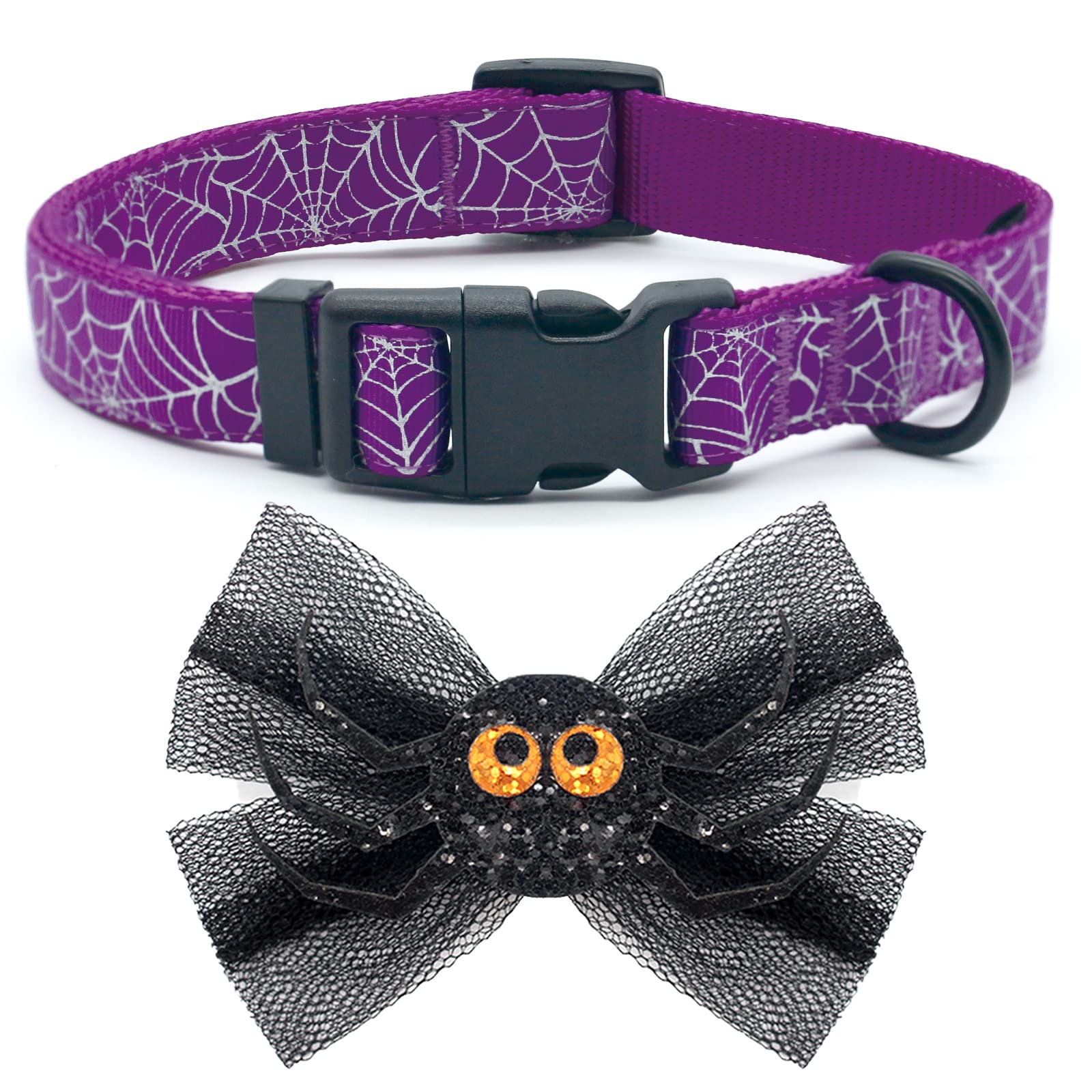 Azuza Halloween Dog Collars With Bow Cute Sequined Spider Purple Dog Collar With Lace Bow Tie Gifts On Halloween For Large Dogs