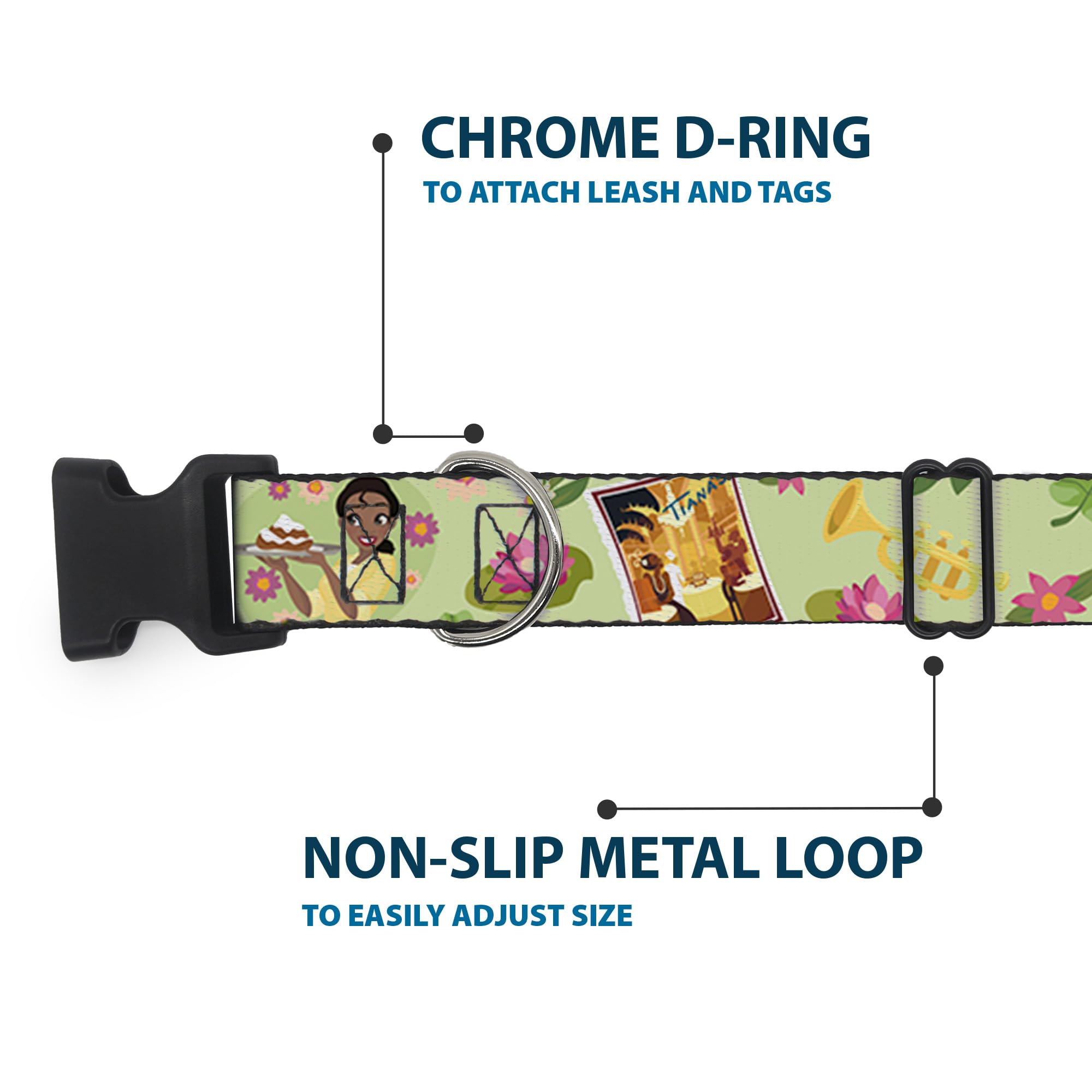 Disney Pet Collar, Dog Collar Plastic Buckle, The Princess And The Frog Tianas Place Collage Greens Pinks, 11 To 16.5 Inches 1.0