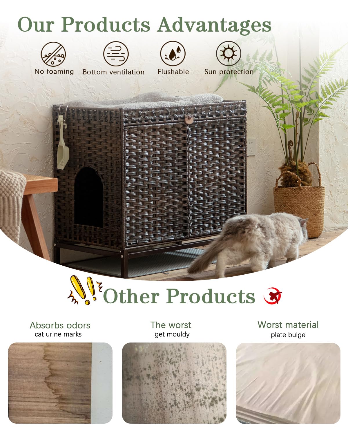 Setvson Cat Litter Box Enclosure Furniture, Hidden Handwoven Rattan Litter Box With Mat, Large Cat House With Metal Heightened F