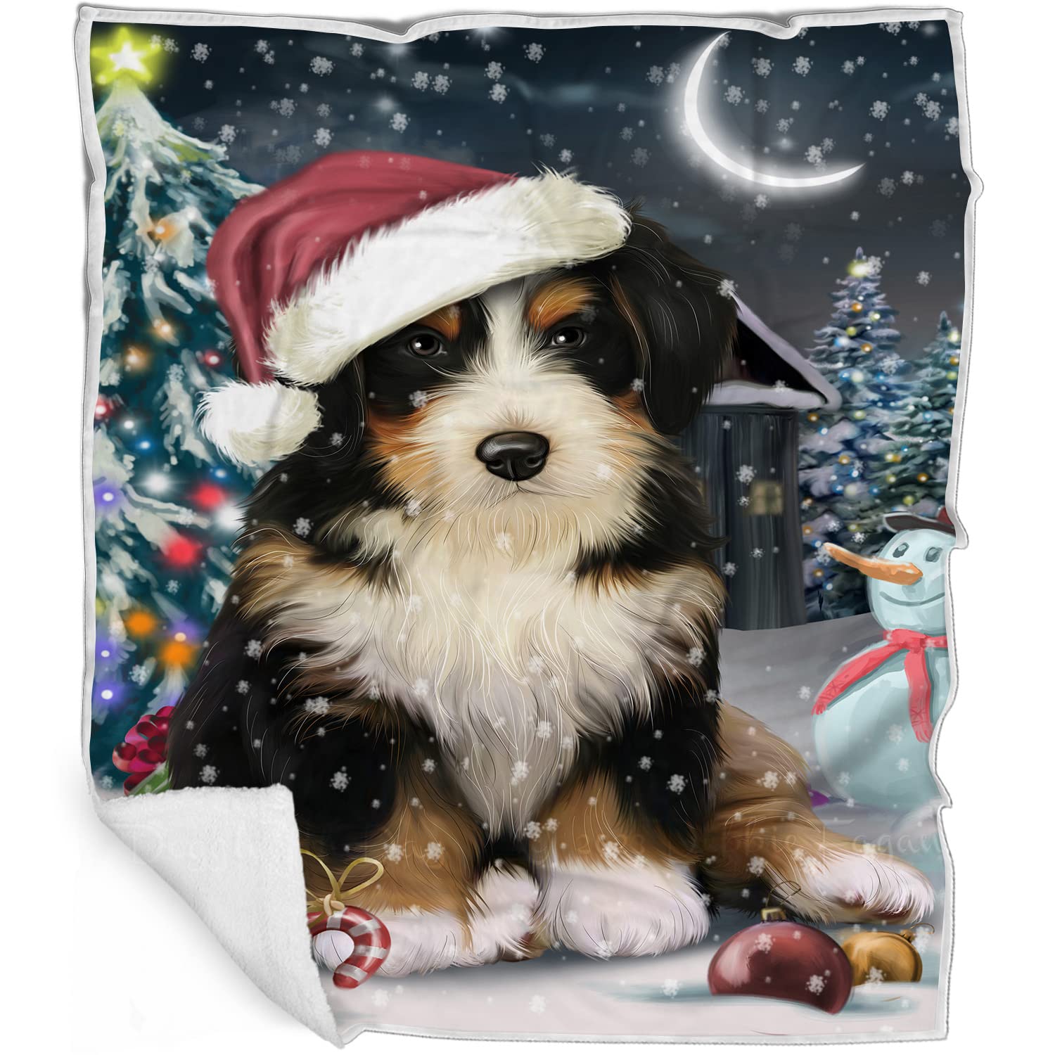 Bernedoodle Dog Blanket  Have a Holly Jolly Christmas  Super Soft & Warm Pet Theme for Sofa or Bed, Warm Fleece, Sherpa or Wov