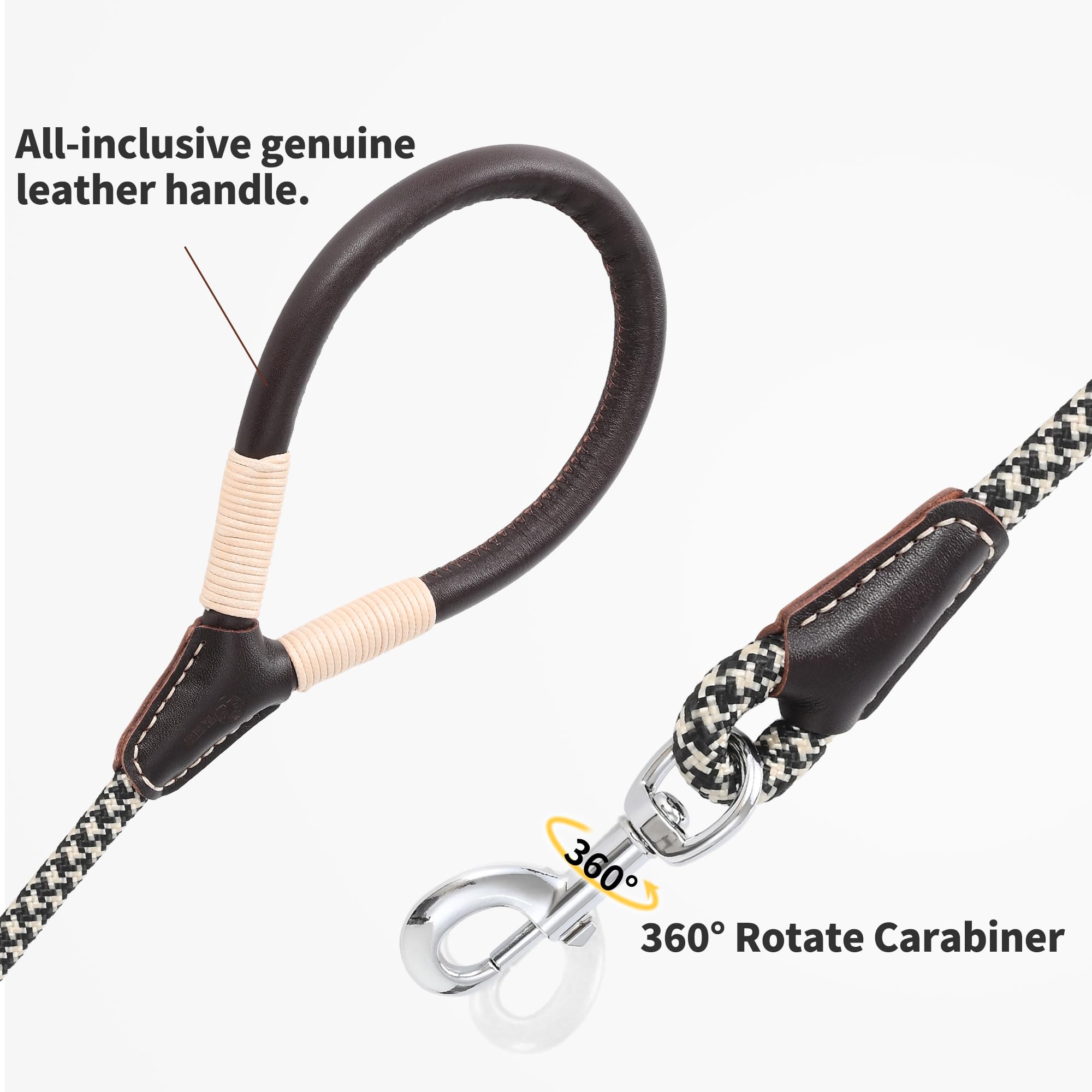 Mile High Life Genuine Leather Wrapped Handle Dog Leash, W Heavy Duty Clasp Rope Leash For Small Medium Large Dogs (Black Khaki,