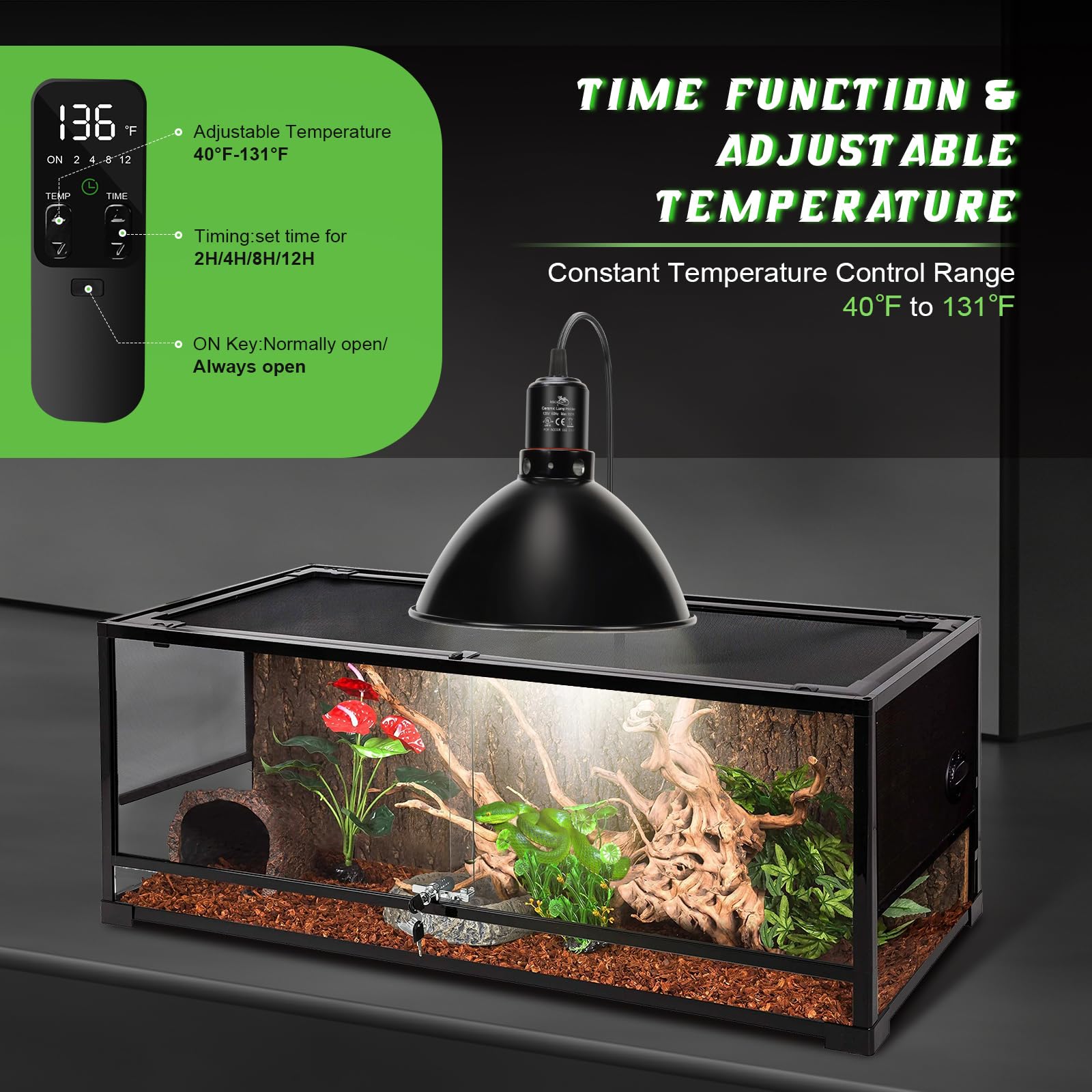 Mecesor Reptile Light Fixture With Thermostatic Timer, 8.5 Inch Deep Dome Lamp Cap Reptile Heat Lamp Fixture With Separate Switc