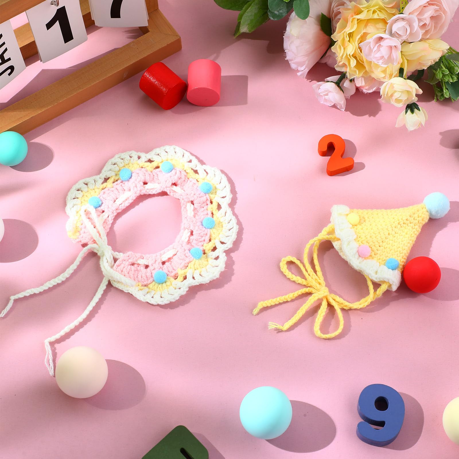 Sanwuta 2 Pcs Cat Birthday Party Supplies, Knit Cat Hat Kitten Birthday Bib Knit Bandana Pet Party Costume Headwear Accessories