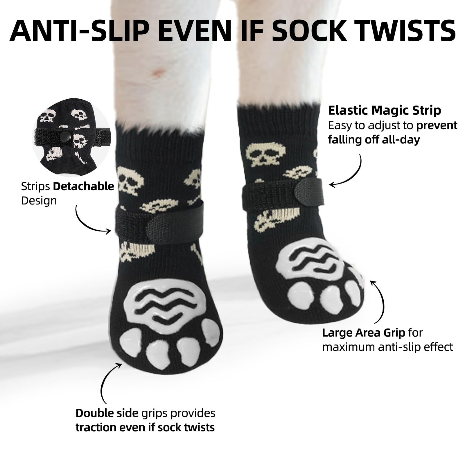 PUPTECK Anti-Slip Dog Socks - 2 Pairs, Double Grippers, Small, Black Skull, Durable Polyester, Traction Booties for Dogs