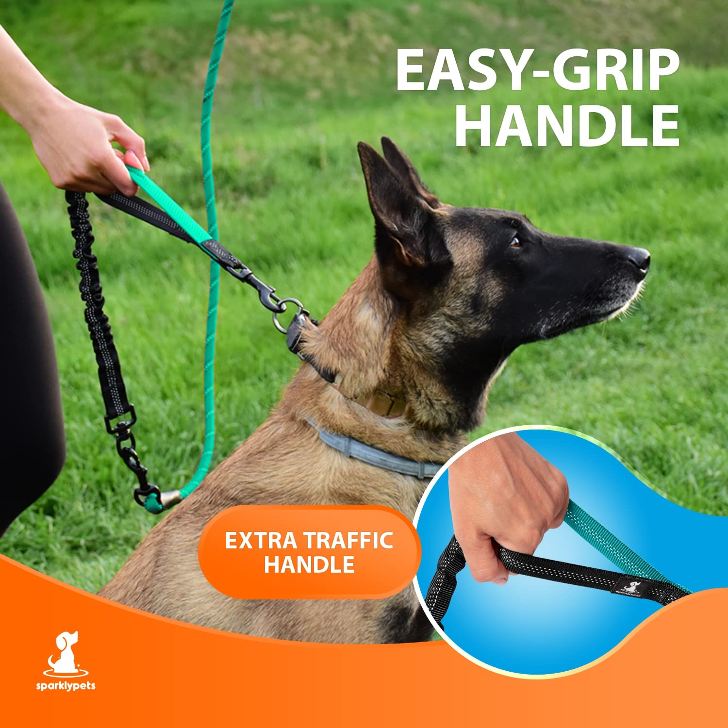 SparklyPets Heavy Duty Bungee Leash for Large & Medium Dogs - Teal, Anti-Pull, Shock Absorption, 5.5 Ft, No Slip Reflective
