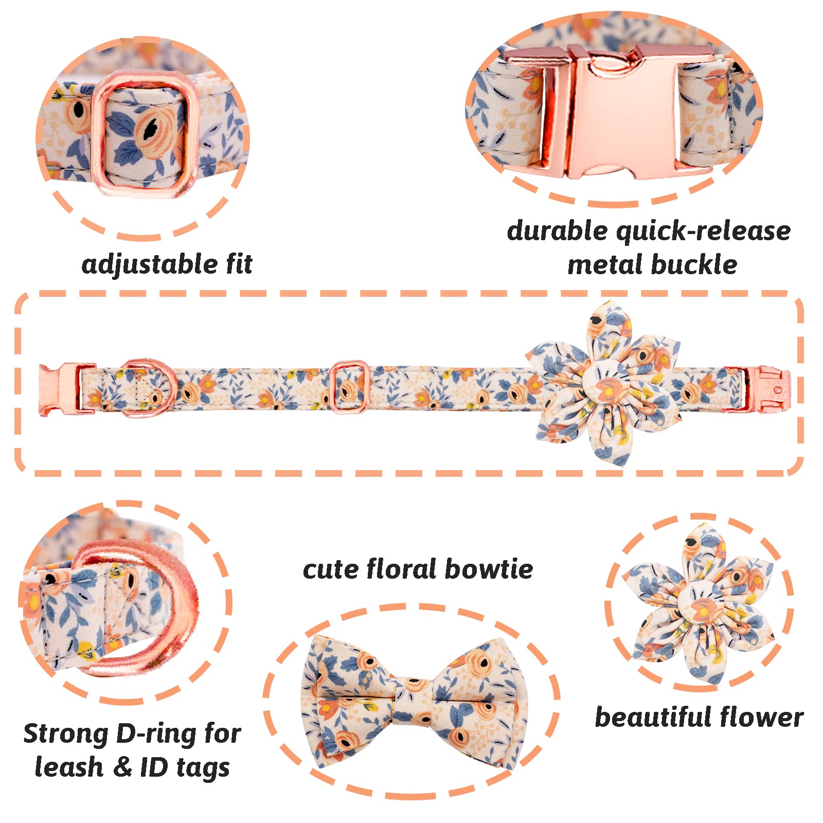 HSIGIO Dog Collar and Leash Set Girls Adjustable Puppy Collars with Floral Bow Tie for Small Medium Large Female Dogs, Orange Fl