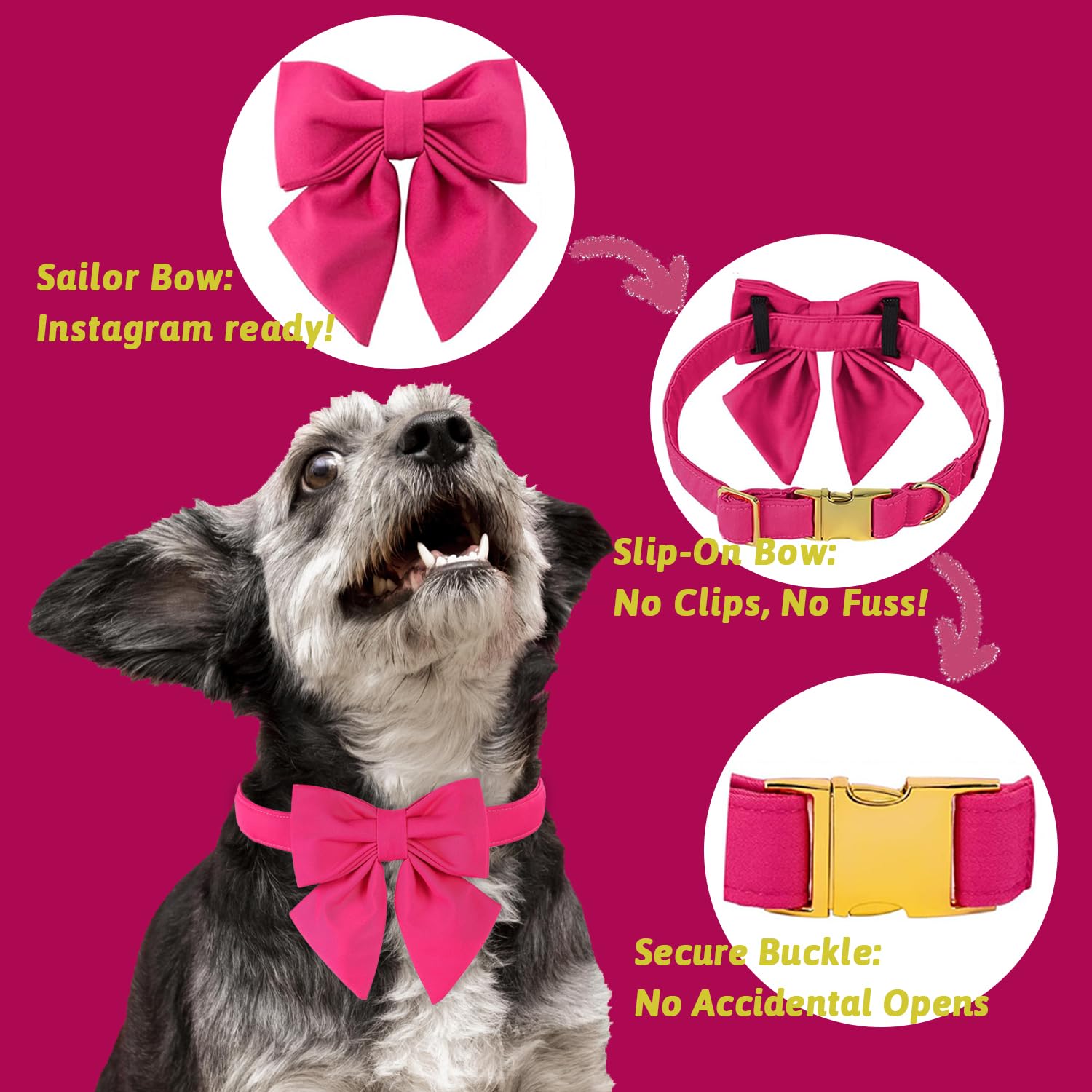 Maca Bates Dog Collar With Hot Pink Bow Bowtie For Dogs Solid Colors Sailor Bow Tie Adjustable Breakaway Girly Rose Red Collars