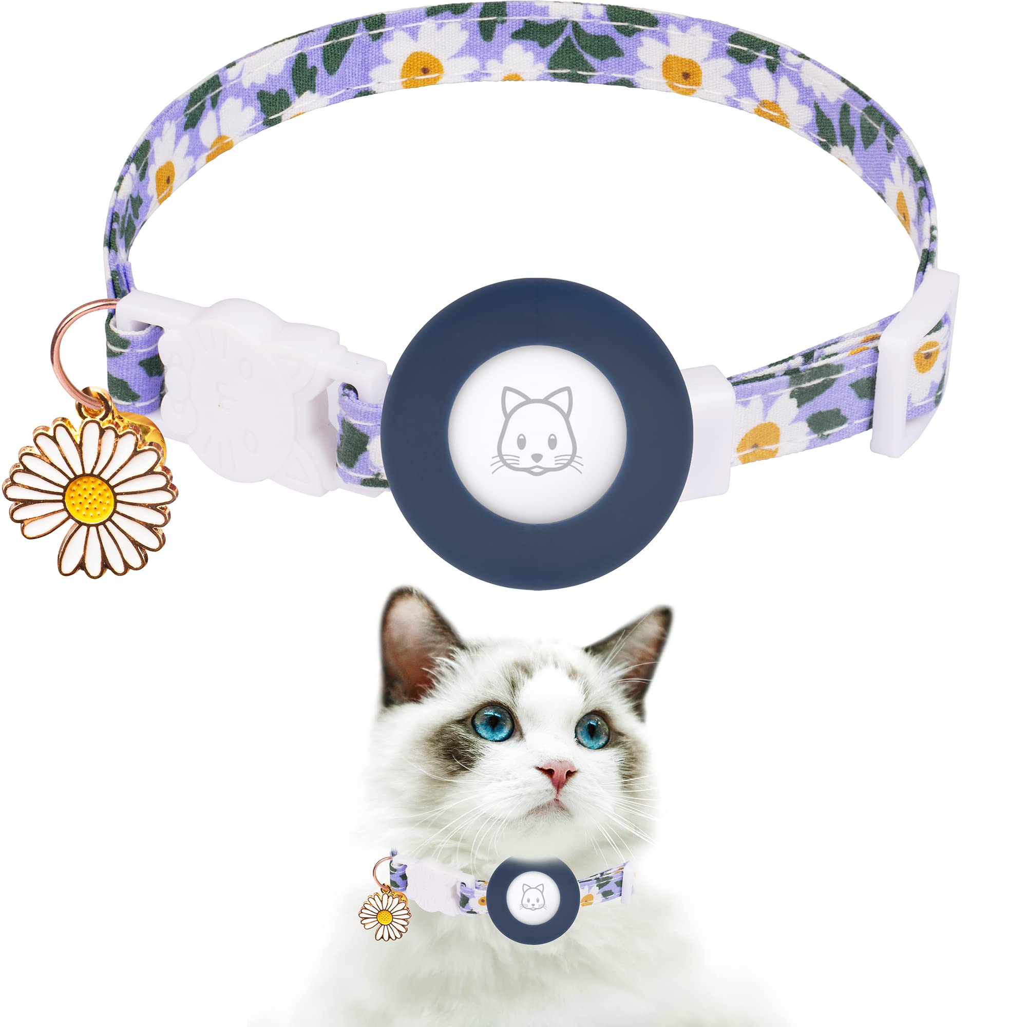 Airtag Cat Collar, Jxfukal Kitten Collar Breakaway With Silicone Airtag Holder, Bells & Flower Charm For Girl Cats Boy Cats Small Dogs(Blue)