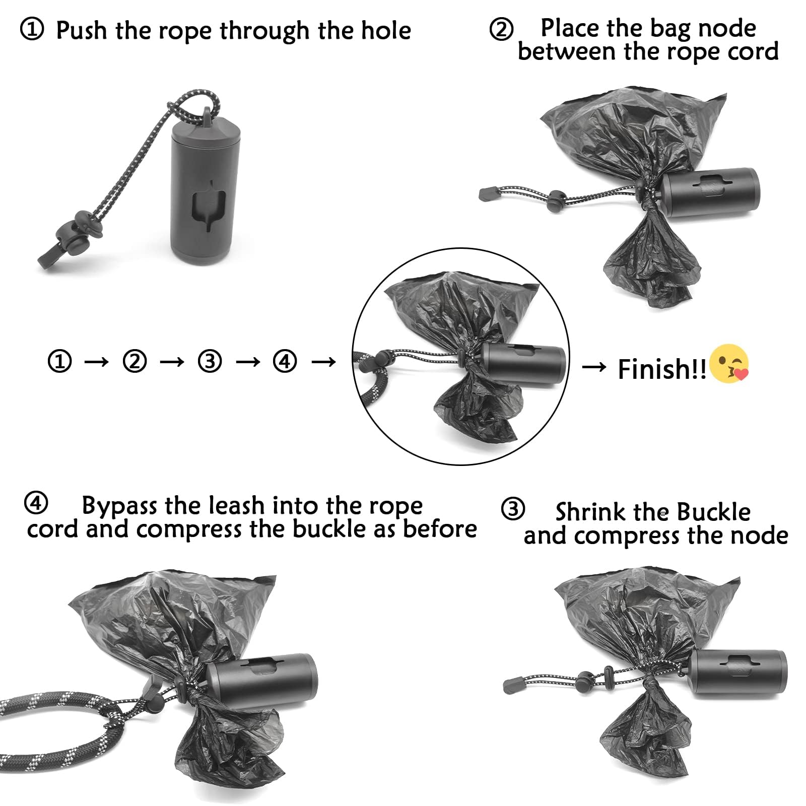 Yuchiya Aluminum Dog Poop Bags Holder With Carabiner Metal Pet Waste Bags Dispenser With Hook And Loop Fastener And Elastic Cord To Carry Used Bags(Black, 1 Holder 195 Bags)