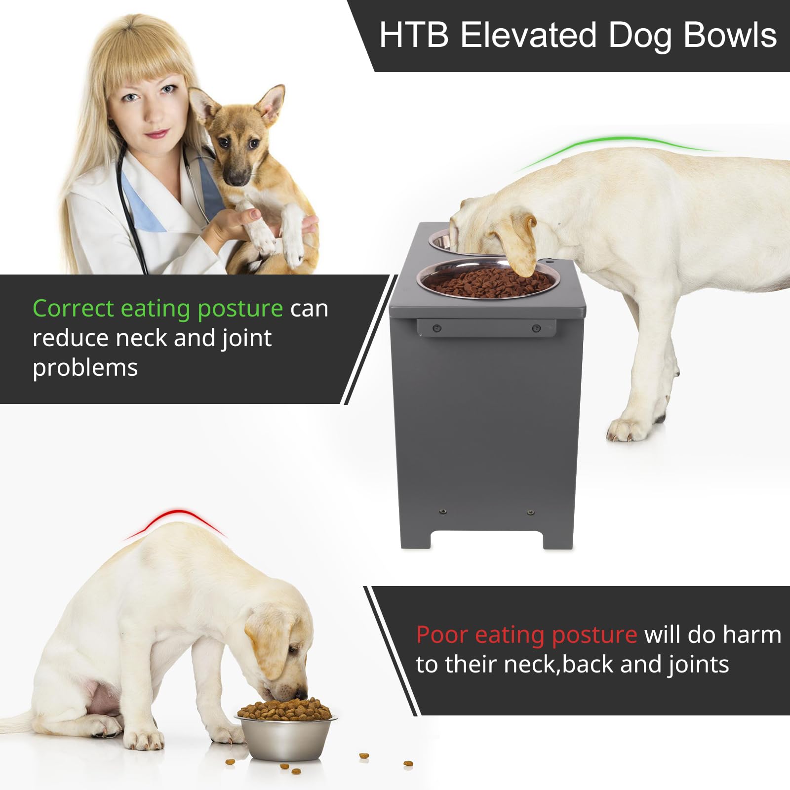 Htb Elevated Dog Bowls,Raised Dog Bowl Stand With 2 Stainless Steel Bowls,Elevated Raised Dogbowls For Large Medium Small Sized