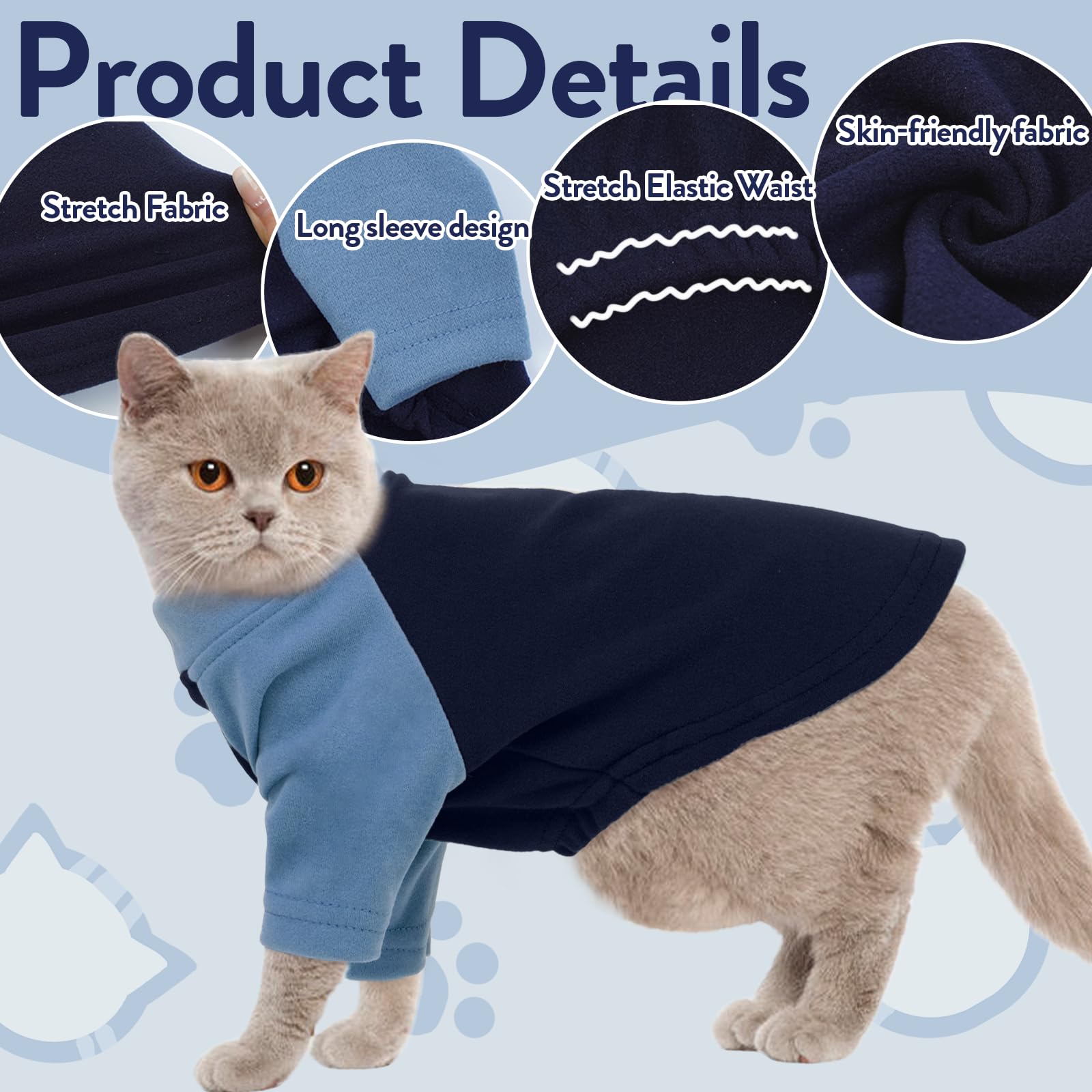 T'Chaque Cat Pajamas - Soft Cat Clothes& Shirts & Pajamas With Sleeves, Stretchy Sweater, Pullover Kitten Clothes, Blue, Small