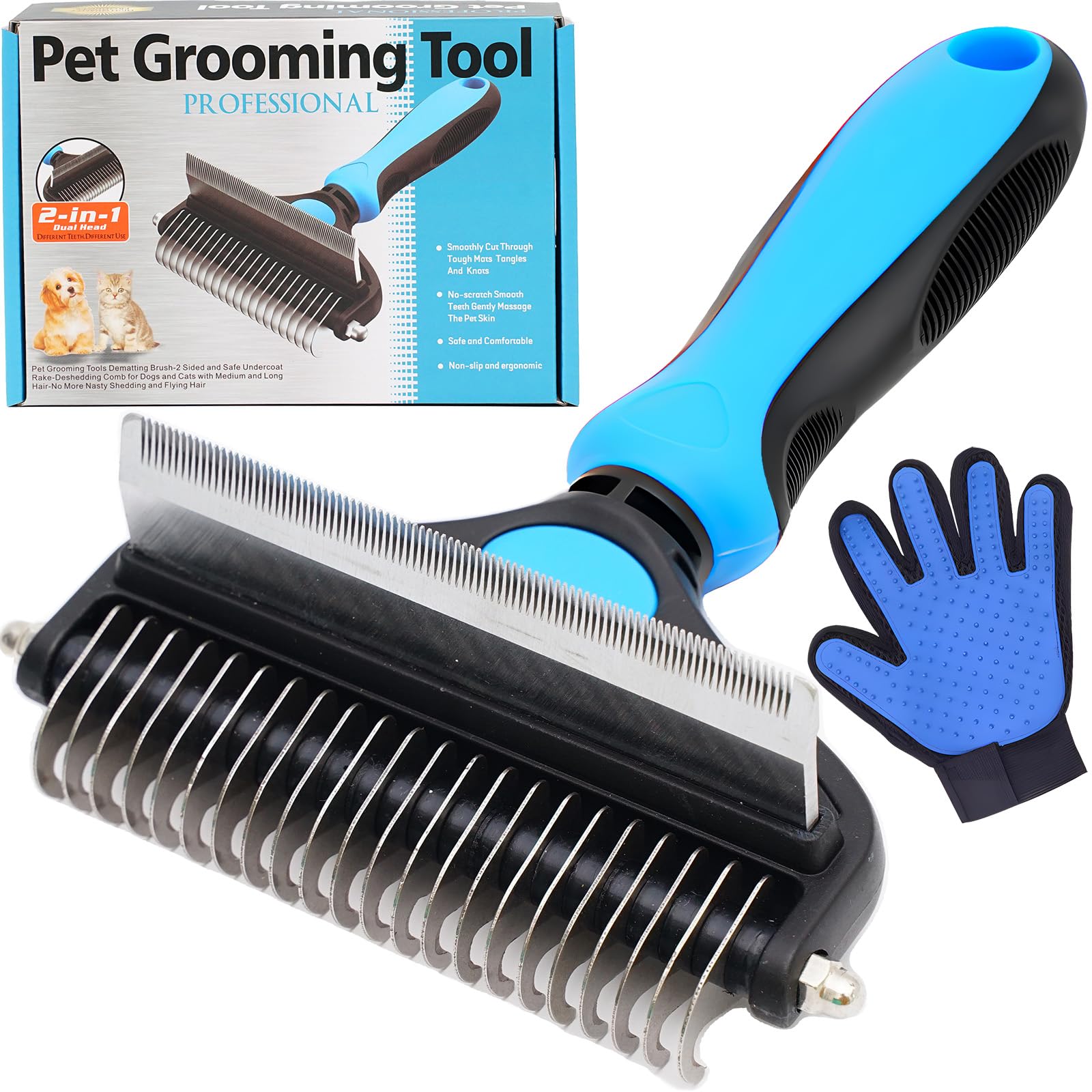 AKEISHE Dog Deshedding Brush 2-in-1 with Grooming Glove - Undercoat Rake & Shedding Tool for Long/Short Hair Dogs, Flea Comb & H
