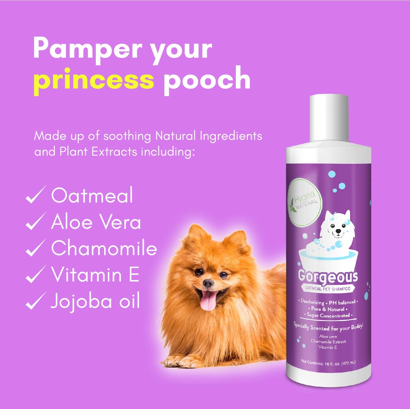 Hygea Natural Gorgeous - Nourishing Pet Shampoo for Dogs – Oatmeal Formula with Aloe and Vitamin E – Natural Ingredients, 16 oz