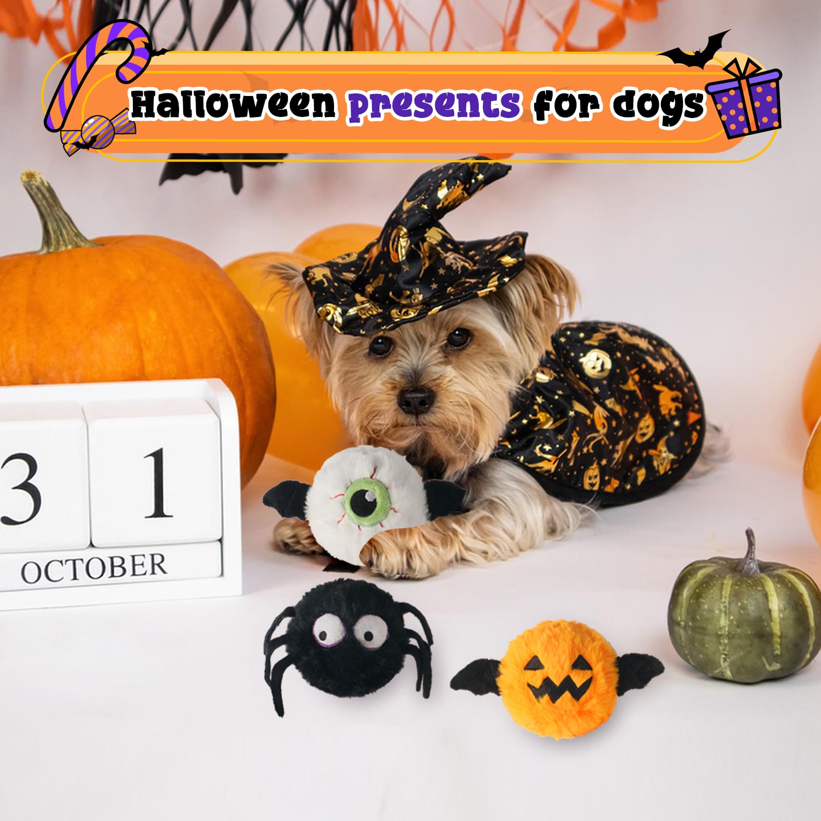 DKING 3Pack Squeaky Dog Balls,2 in1 Funny Puppy Ball Toys,Birthday Dog Toy for Small Medium Dogs (Halloween Ball)