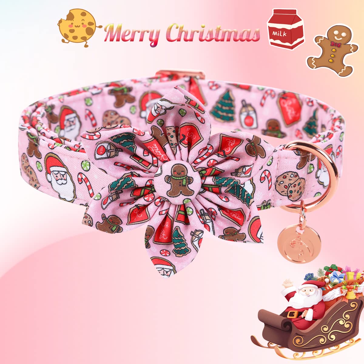 Dogwong Christmas Dog Collar With Flower, Pink Santa Claus Dog Collar Gingerbread Man Soft Durable Adjustable Cotton Cute Girl P